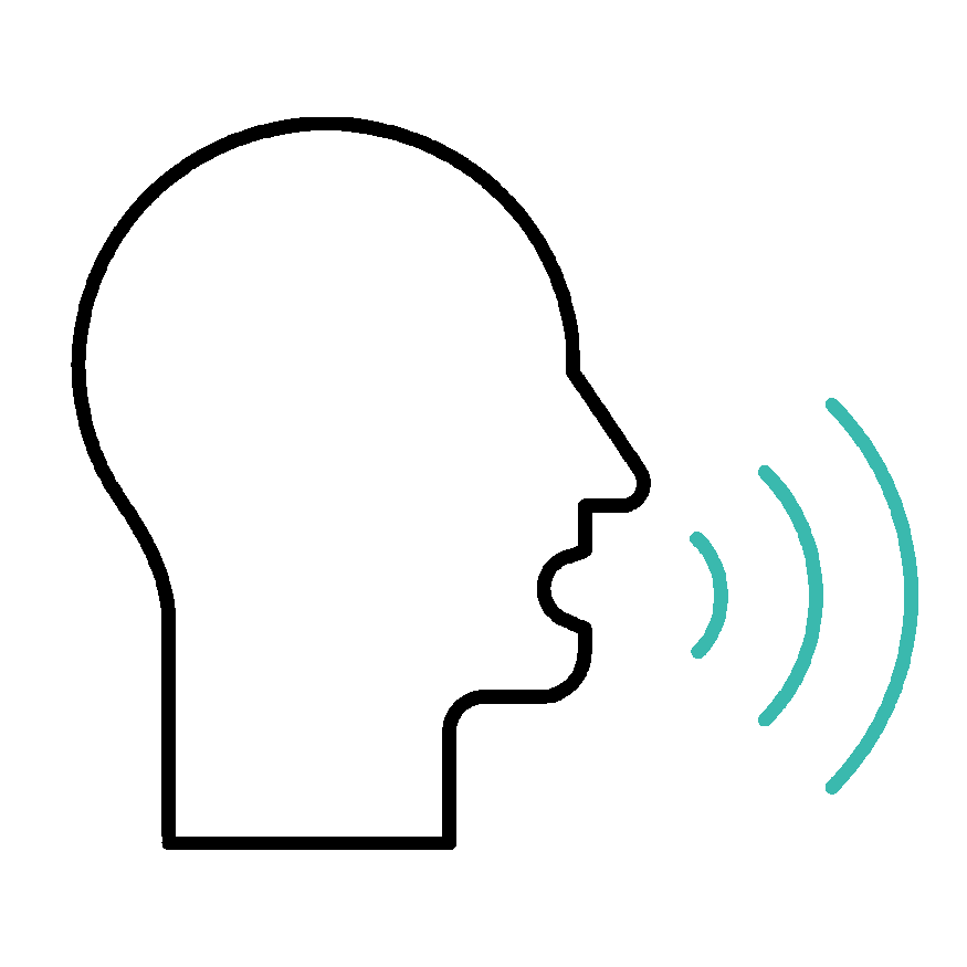 Outline of a human head profile with a speech lines coming from the mouth, against a teal background.
