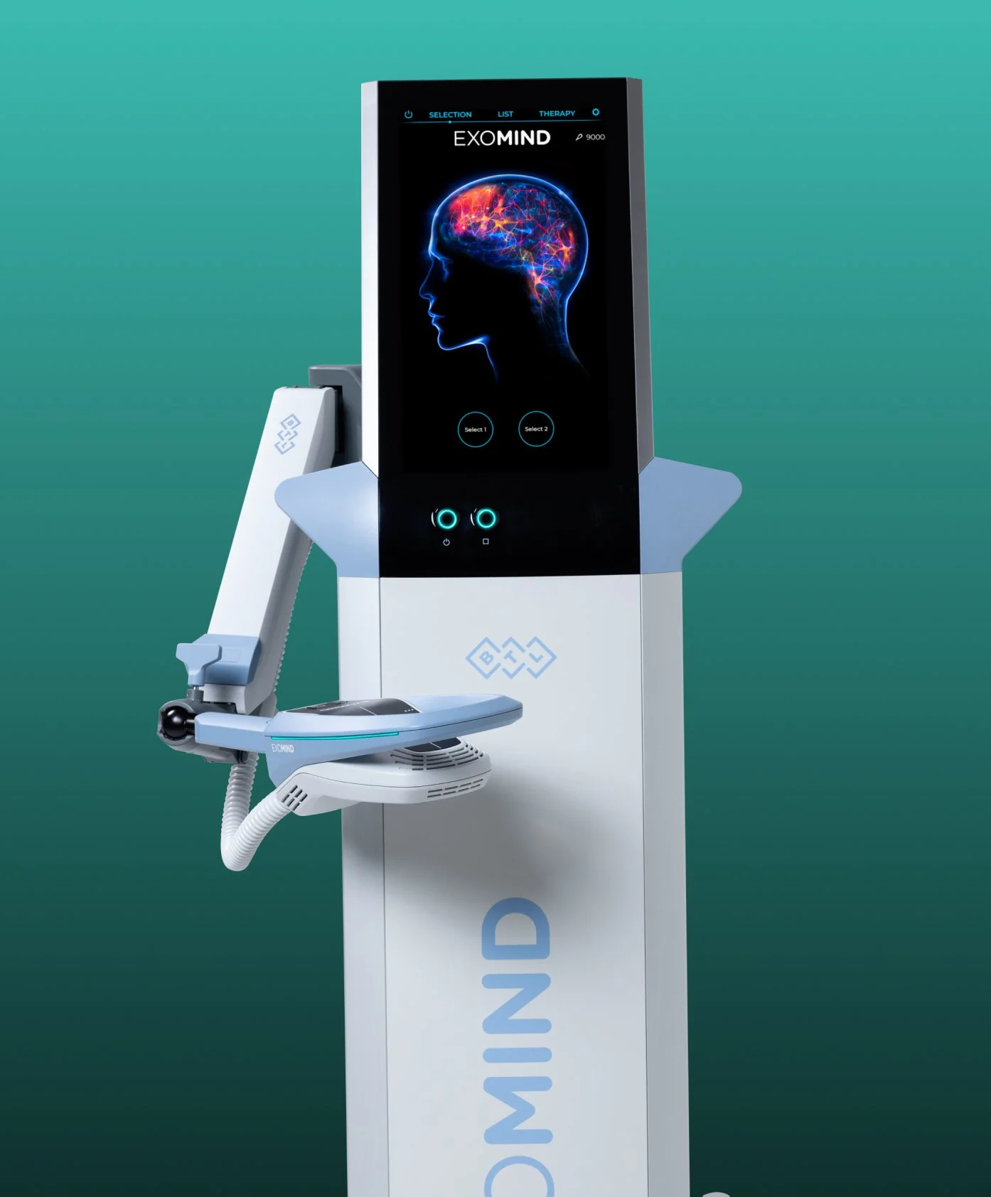 A medical device named EXOMIND with a digital display showing a neural network illustration of a brain, a control panel with two circular buttons, and a robotic arm attached to the side, standing on a white stand against a teal background.
