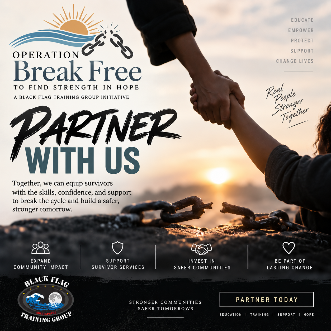 Two people holding hands by the water during sunset, promoting Operation Break Free, a Black Flag training group initiative for survivor support and community empowerment.