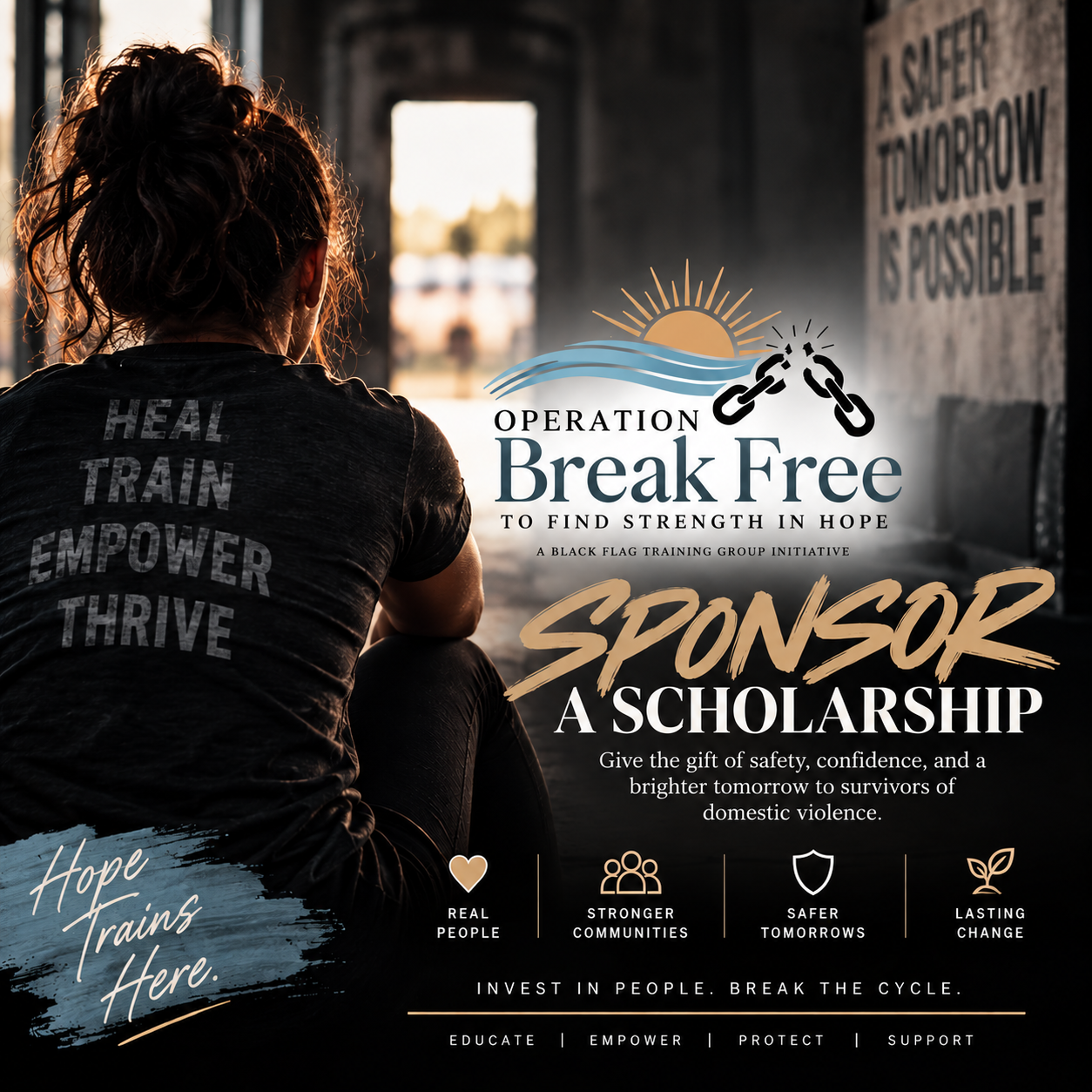 A woman sitting and looking at a sunset outside a building with a message on the wall that says, 'A safer tomorrow is possible.' The image promotes Operation Break Free, a scholarship initiative supporting survivors of domestic violence, with various icons and text about safety, confidence, and community support.