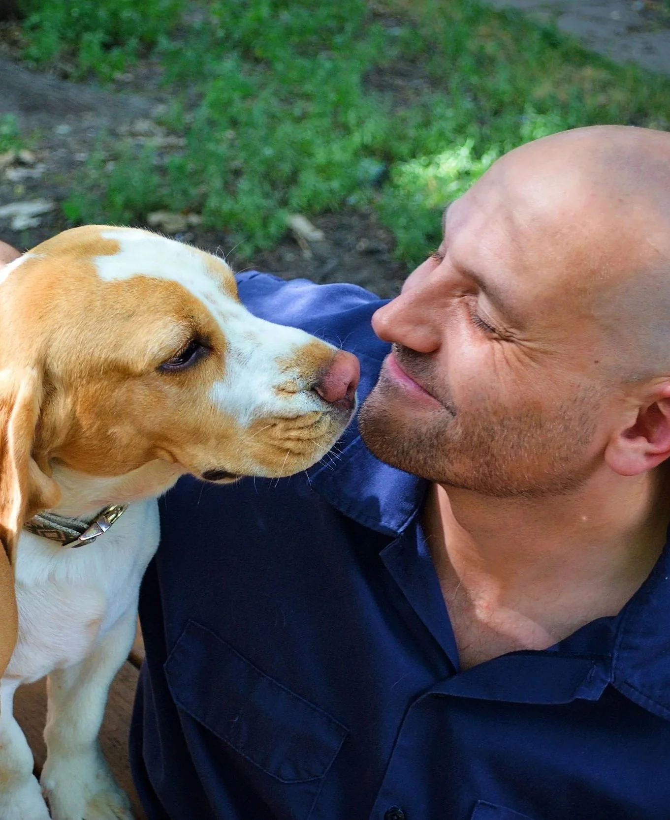 This is me and my dog, Cedar. I'm looking longingly into his face, while he looks past me at a squirrel.