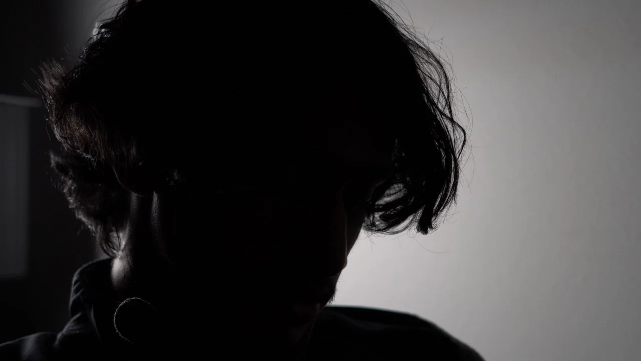 Silhouette of a person's face with hair illuminated from behind, creating a dark profile against a light background.