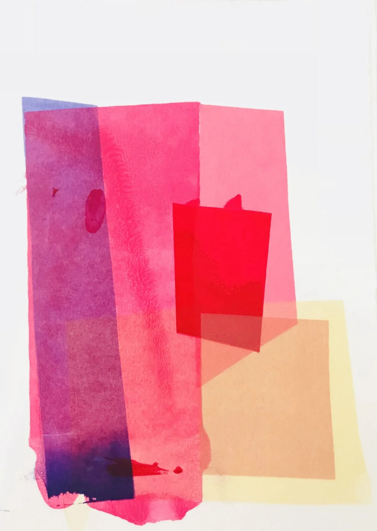 Abstract artwork with overlapping translucent rectangles in red, pink, purple, and yellow on a white background.