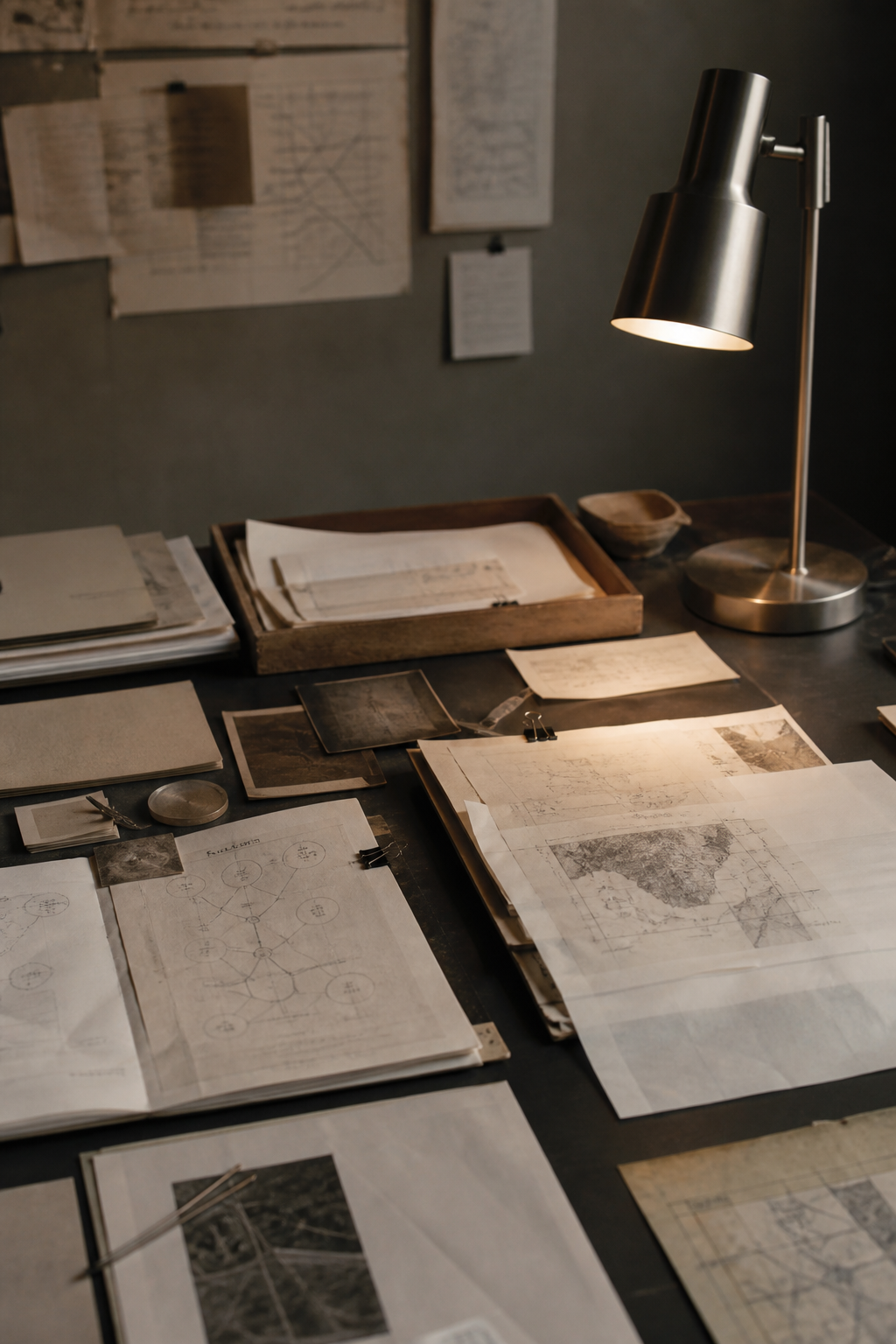 Editorial research table with annotated papers, diagrams, and a desk lamp.