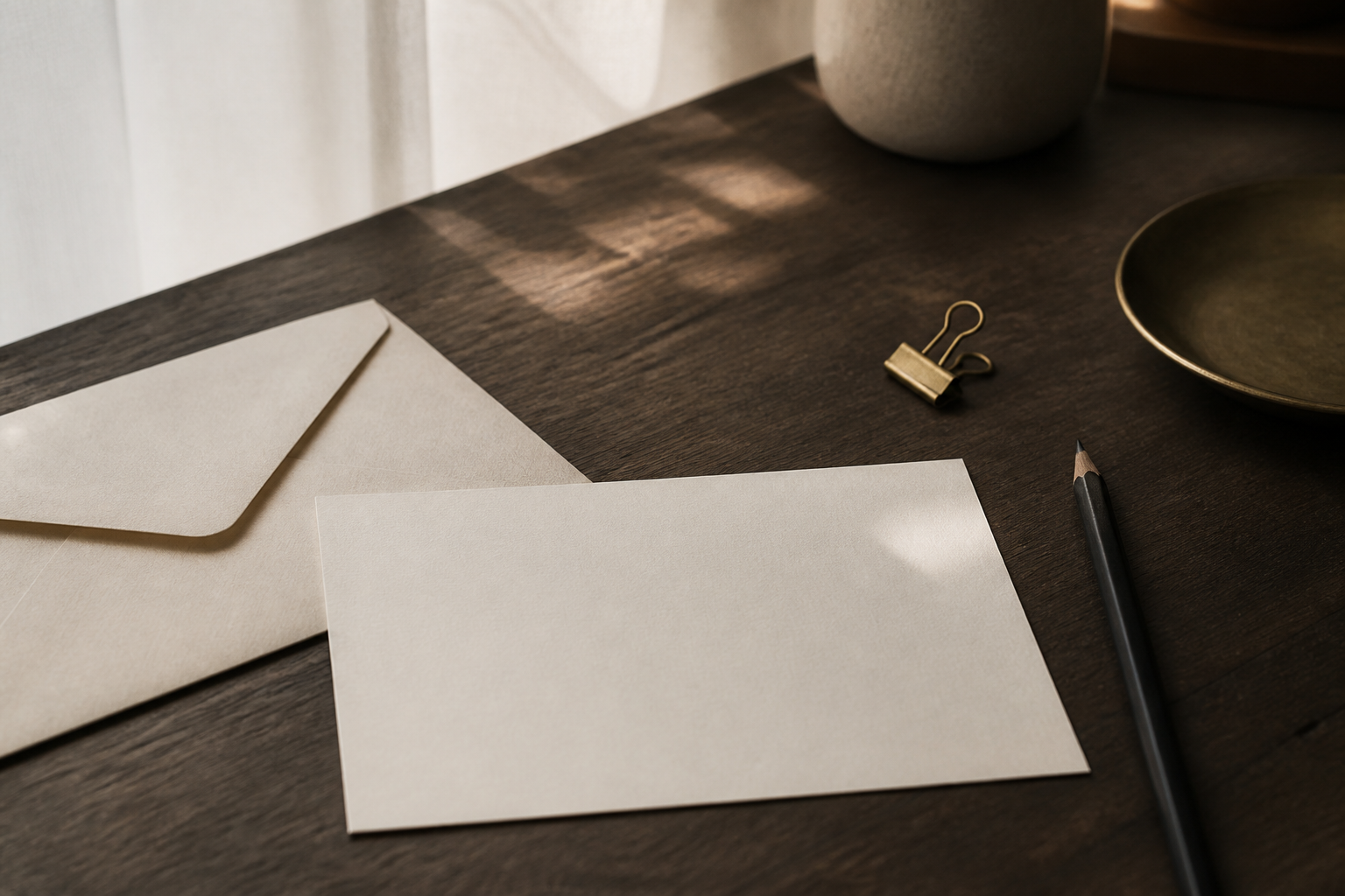 Blank correspondence card, envelope, pencil, and brass clip on a warm research desk.