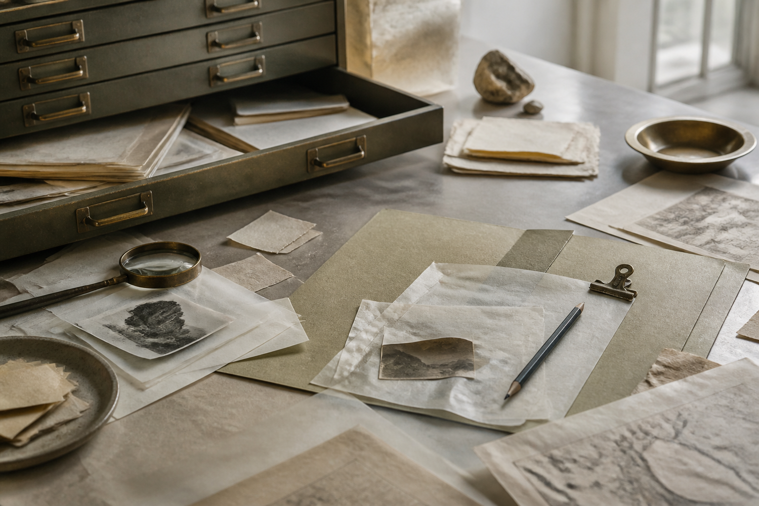 Archival research table with open drawers, layered papers, a magnifying lens, and a pencil.