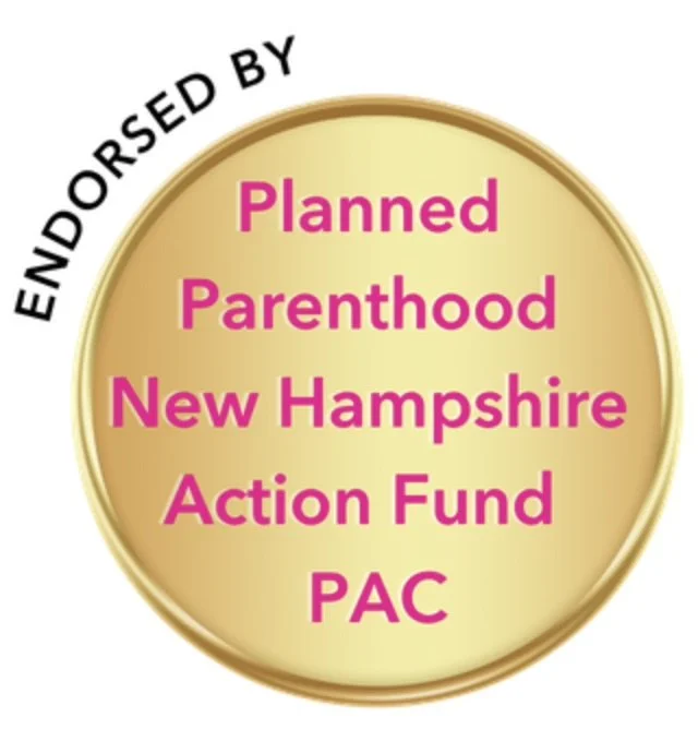 Gold-colored badge with black text reading "ENDORSED BY" and pink text listing "Planned Parenthood New Hampshire Action Fund PAC."