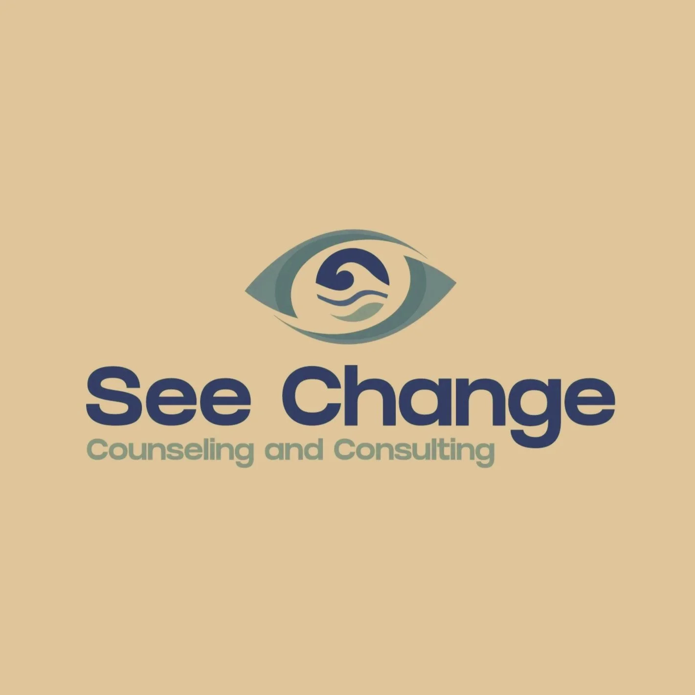 Logo with an eye symbol containing a wave design inside, and the text 'See Change' in bold, with 'Counseling and Consulting' underneath, on a beige background.