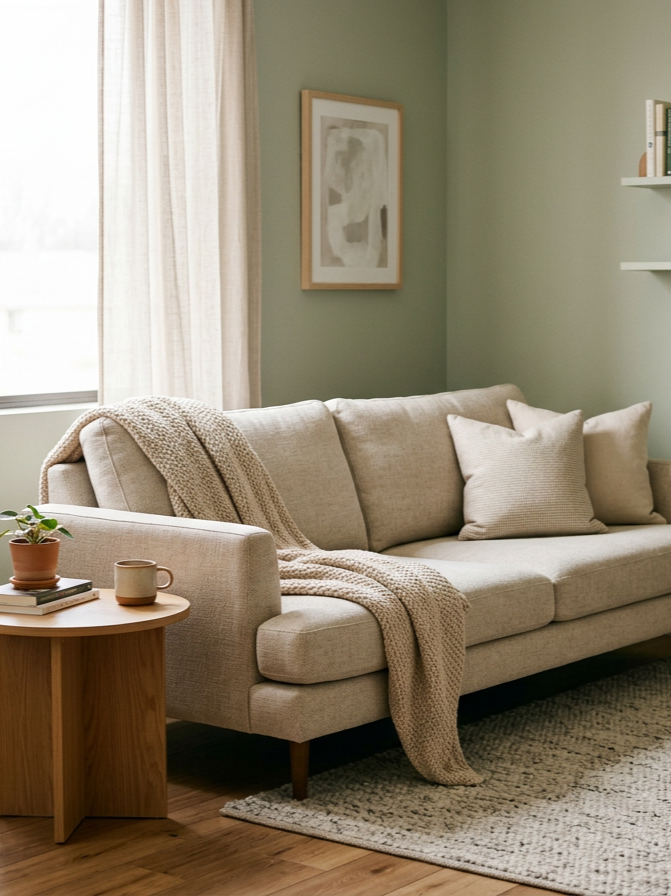 Living room with beige sofa, cream pillows, knit throw blanket, wooden side table, potted plant, coffee mug, books, framed artwork, and curtains near a window.
