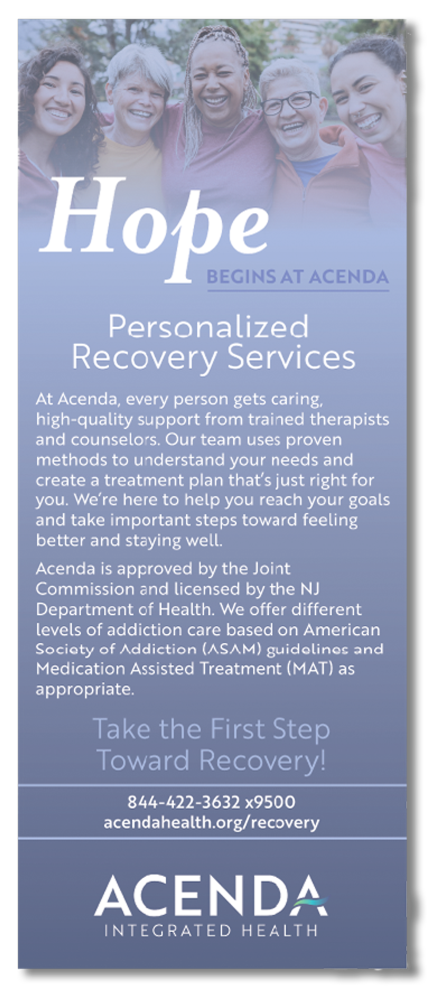 mock rackcard for Acenda's recovery services including a purple color palette and a group of women smiling