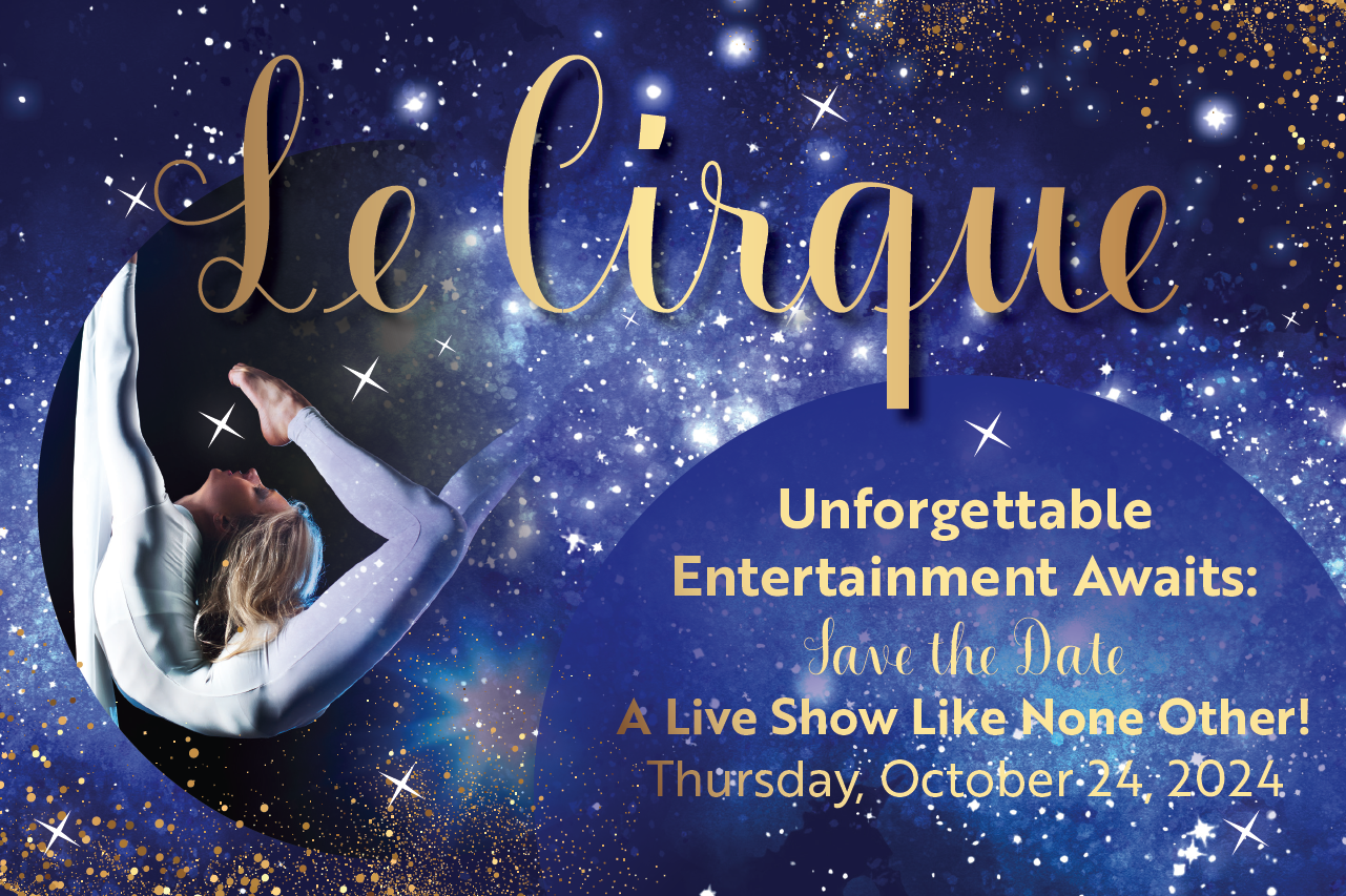 Acenda's Fall Fundraiser "Le Cirque" - Postcard Save the Date (front)  featuring event information and acrobats in a night sky design