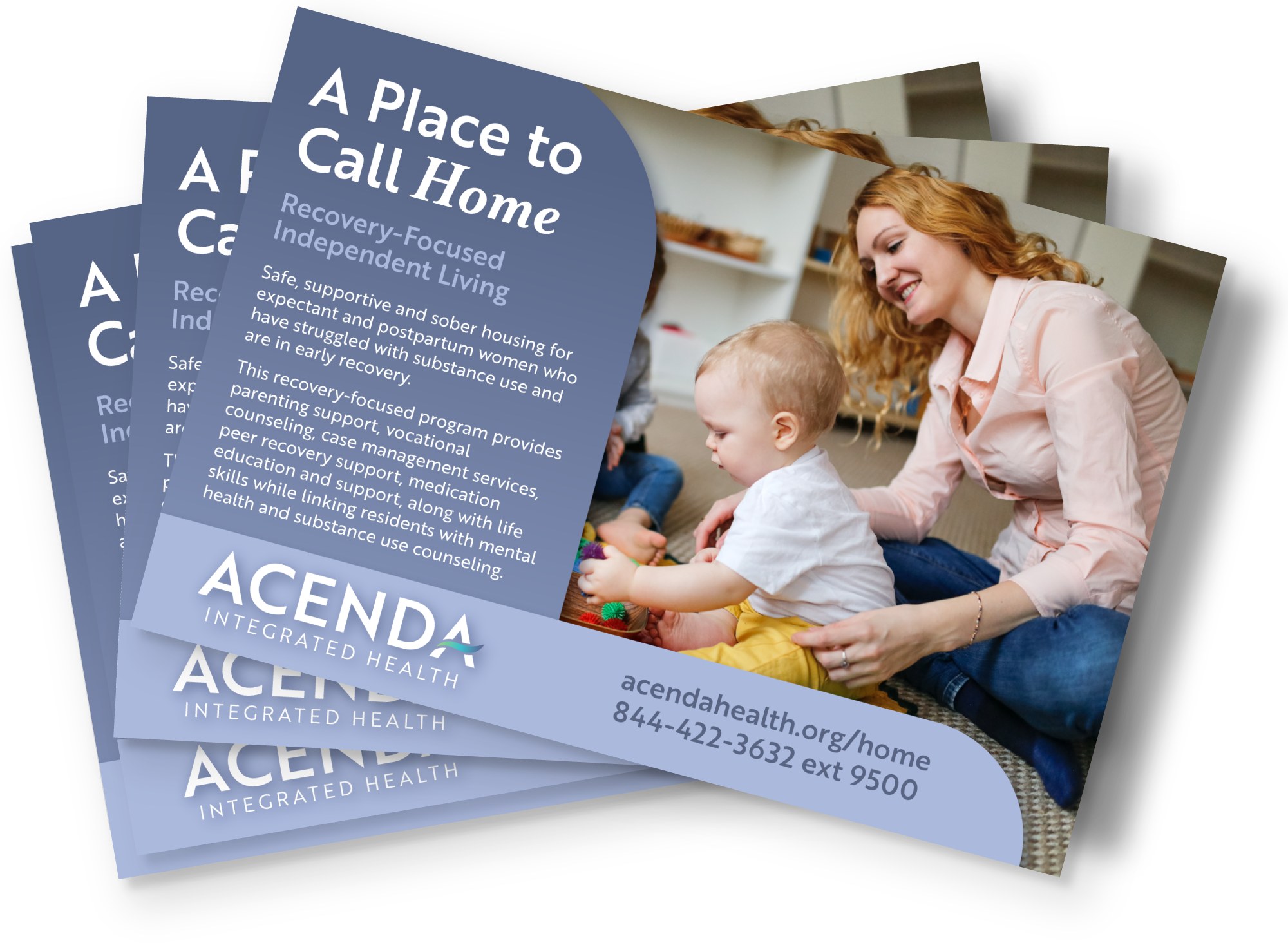 mock postcard for Acenda's recovery services including a purple color palette and a mother and young toddler playing together and smiling