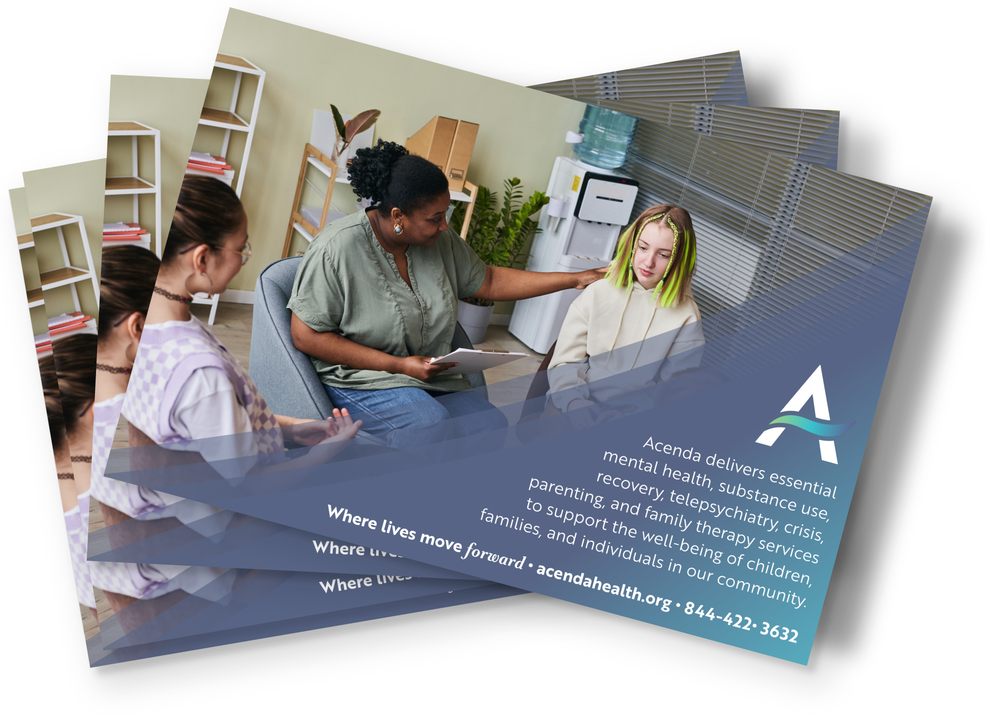 Acenda Integrated Health postcard mock up featuring a teen counseling group