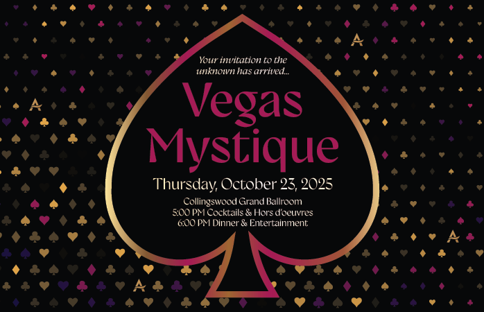 2025 Vegas Mystique invitation with fascia, purple and gold deck of card suite symbols