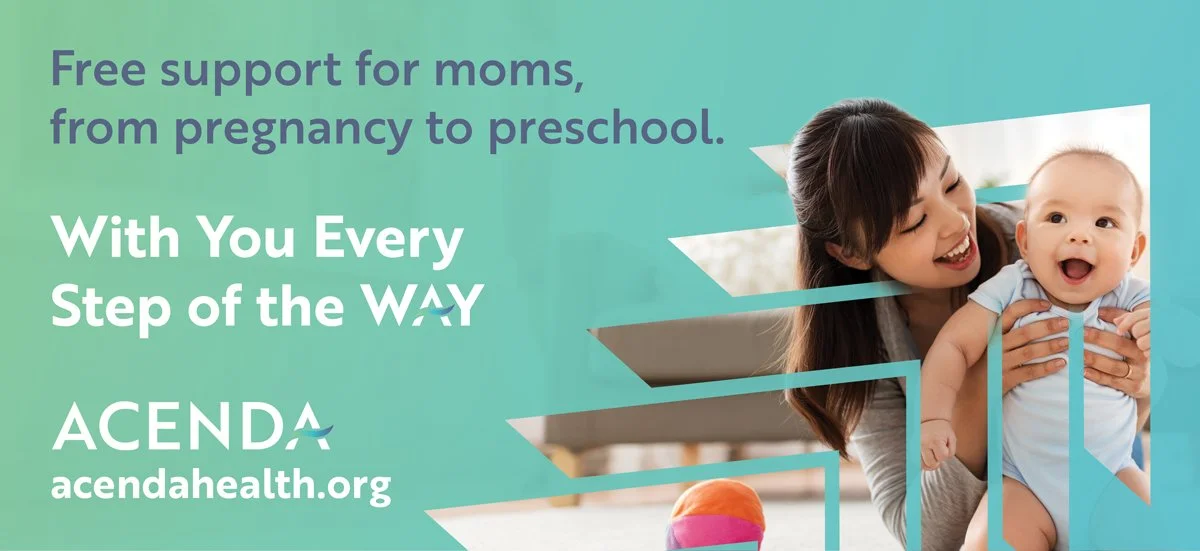 2026 brand campaign billboard for Acenda's maternal health programming featuring a mom holding and smiling at her baby