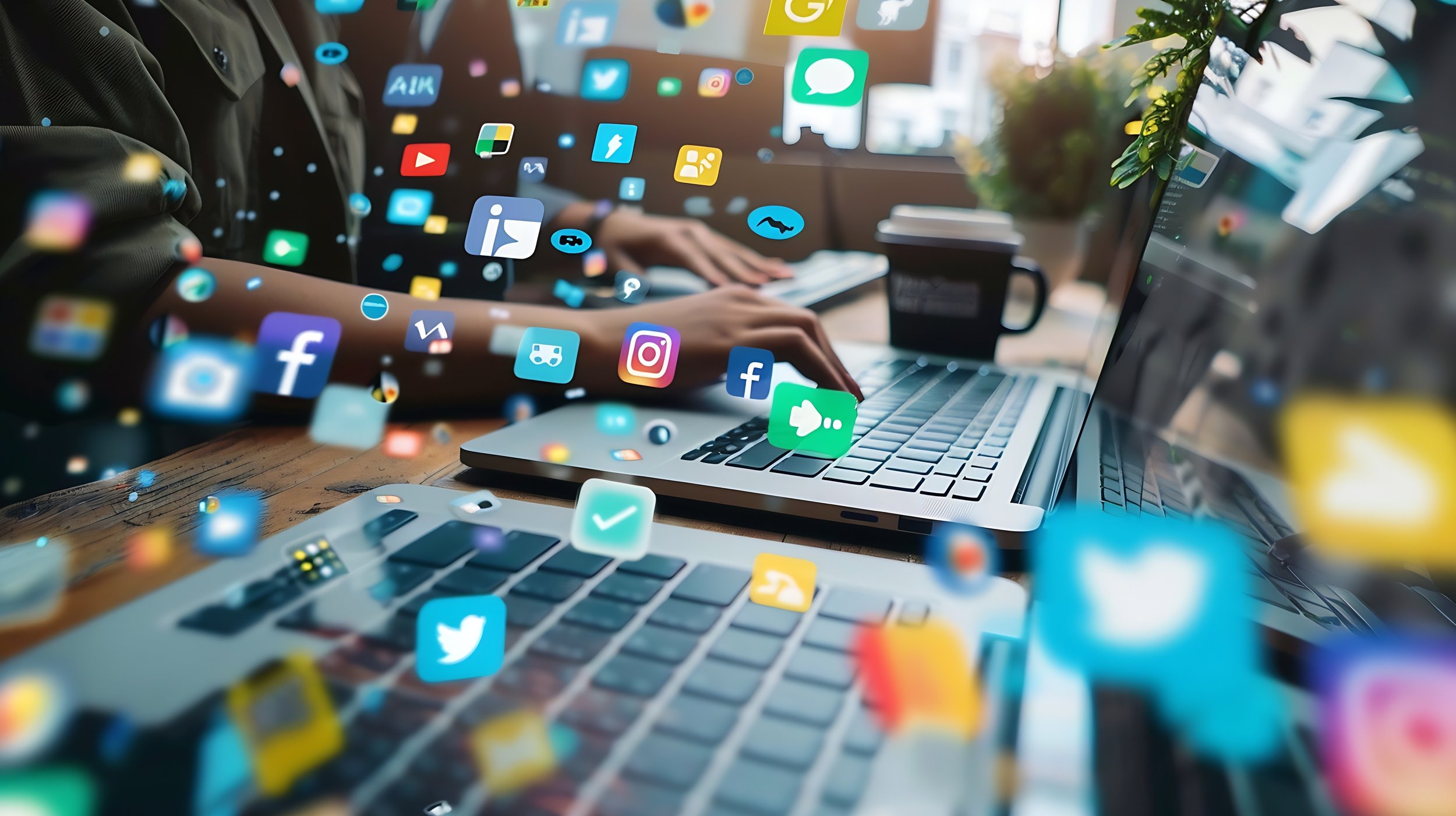digital presence image showing platform brand icons overlaid on an image of person typing on a laptop