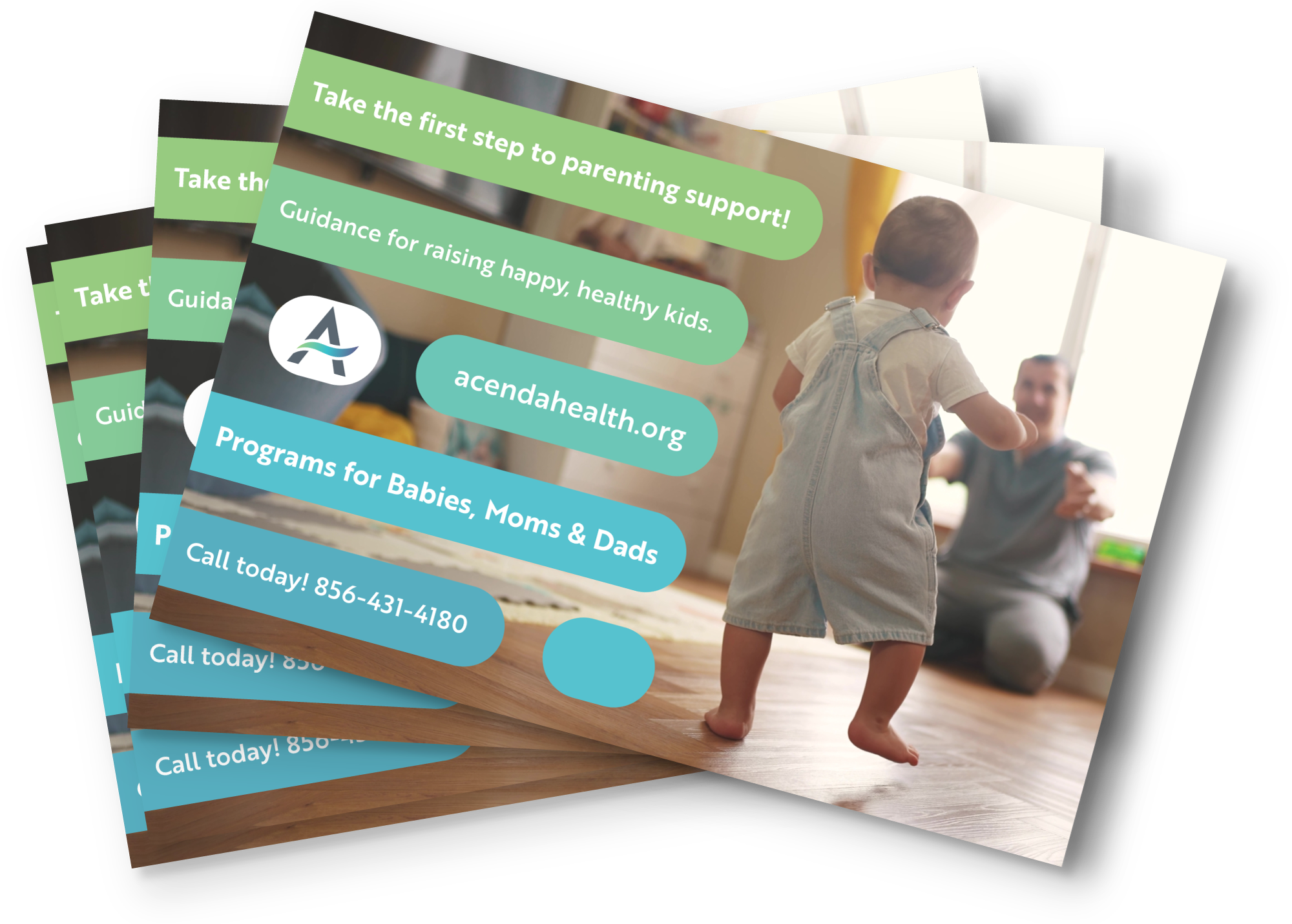 mock postcard for Acenda's maternal health programs featuring a toddler taking its first steps