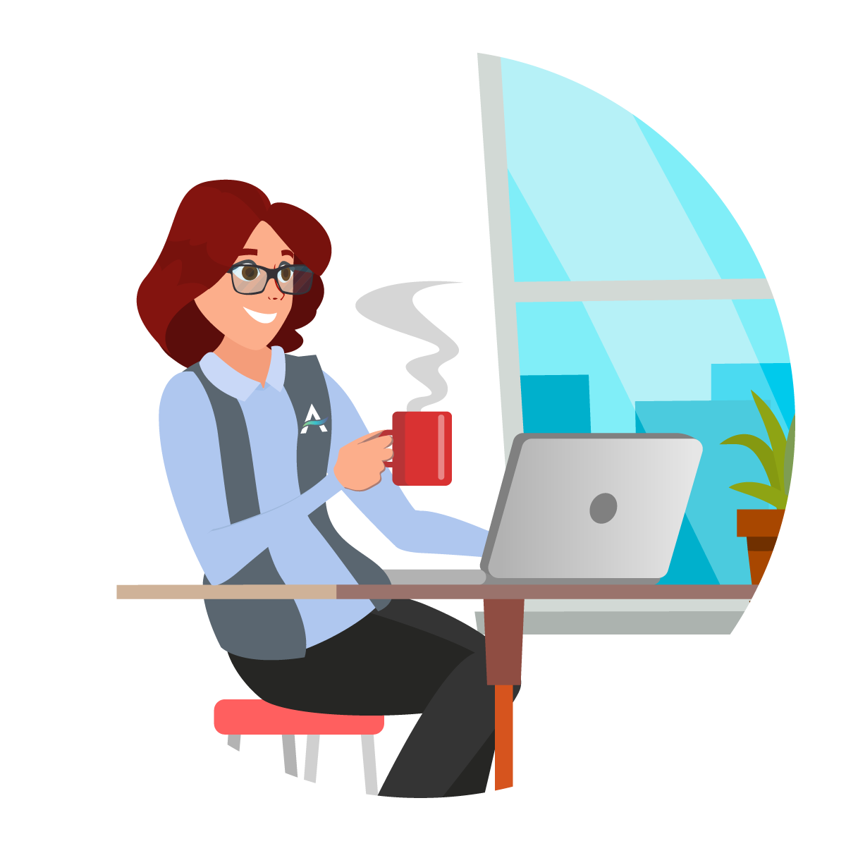 ACE sitting at a desk working on her computer with a cup of coffee