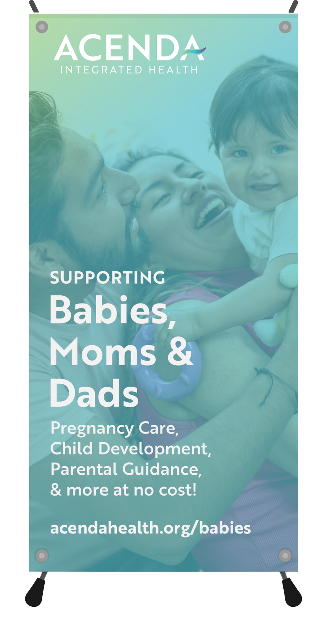 mock standing banner for Acenda's maternal health programs featuring a latino mom, dad, and toddler smiling and laughing together with a blue overlay