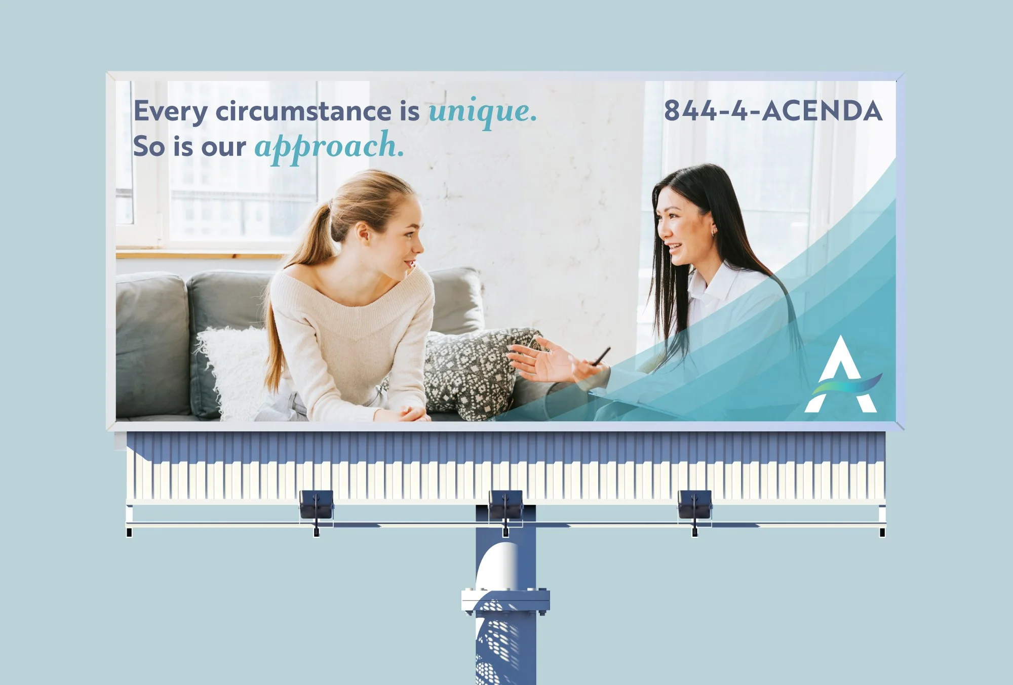 Acenda Integrated Health mock billboard for counseling featuring a female asian therapist speaking to a female client