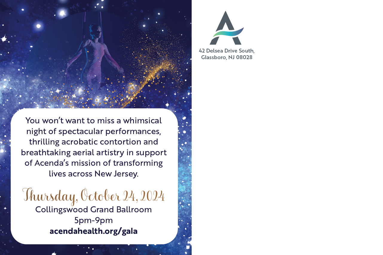 Acenda's Fall Fundraiser "Le Cirque" - Postcard Save the Date (back) featuring event information and acrobats in a night sky design