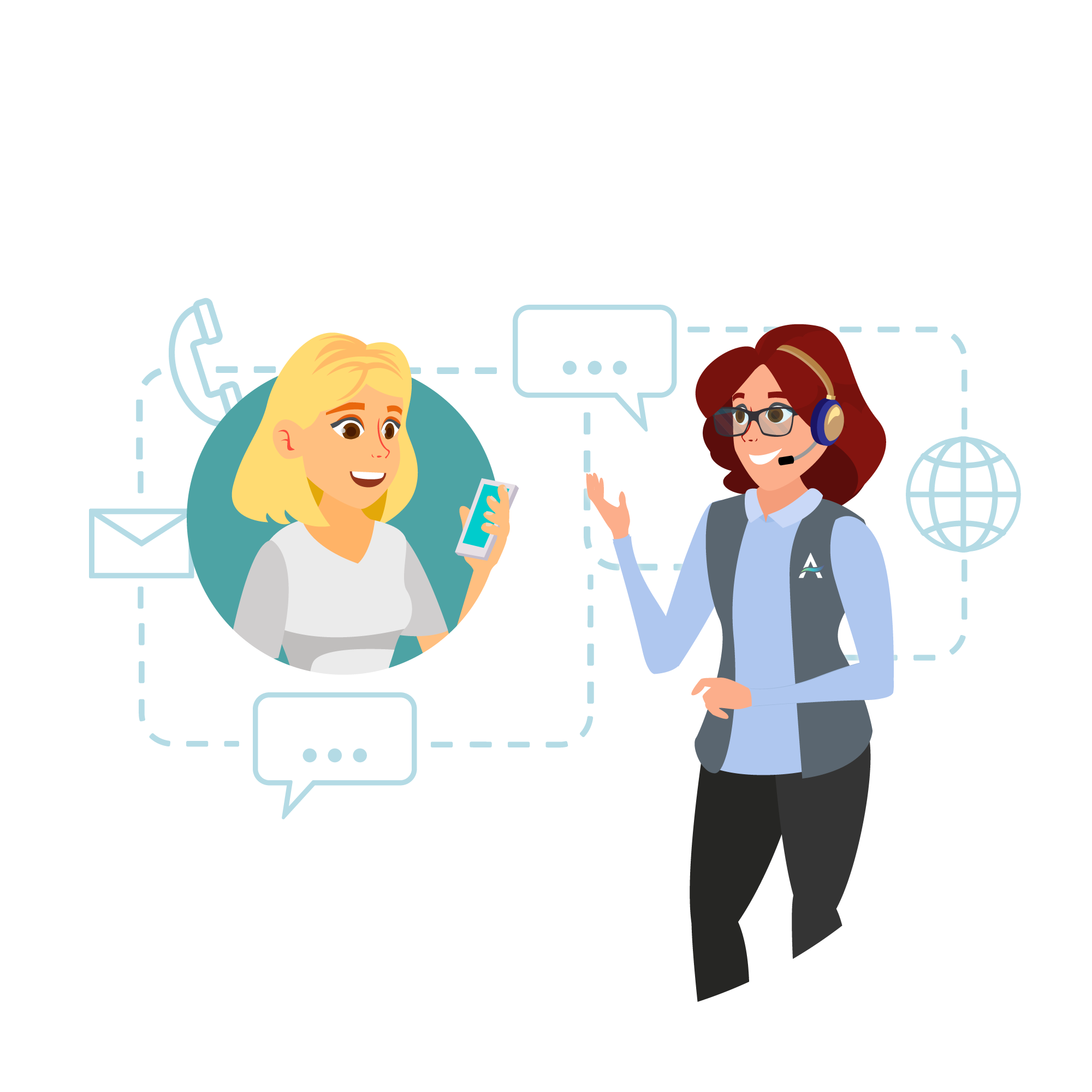 ACE wearing a headset and helping an Acenda employee find what she needs on the intranet.