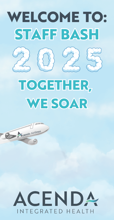 2025 Staff Bash banner - Together we soar with an Acenda airlines graphic flying through the clouds