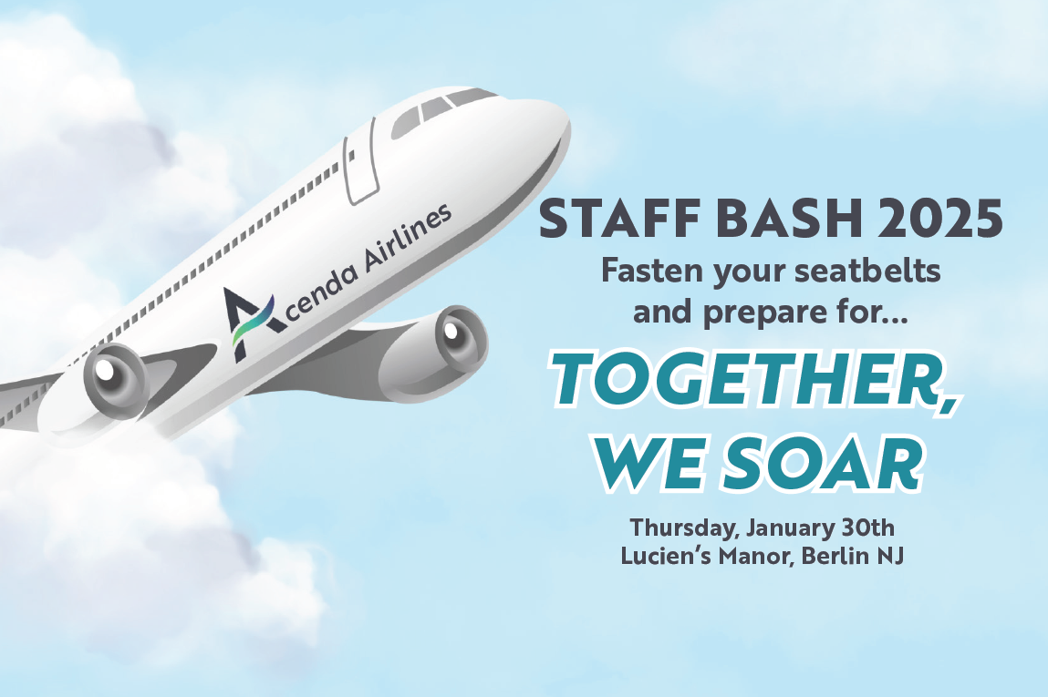 2025 Staff Bash invitation - Together we soar with an Acenda airlines graphic flying through the clouds