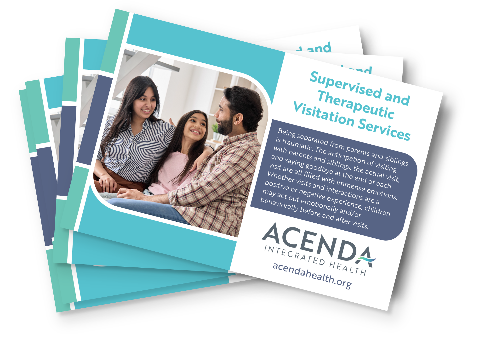 mock postcard for Acenda's Supervised & Therapeutic Visitation Services program featuring a blue, green, and purple color palette and parents sitting on either side of their 12 year old daughter