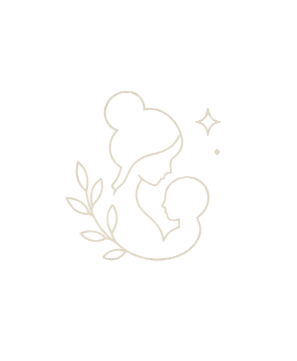 Silhouette of a woman with a bun, holding a small child, with a star and a leafy branch.