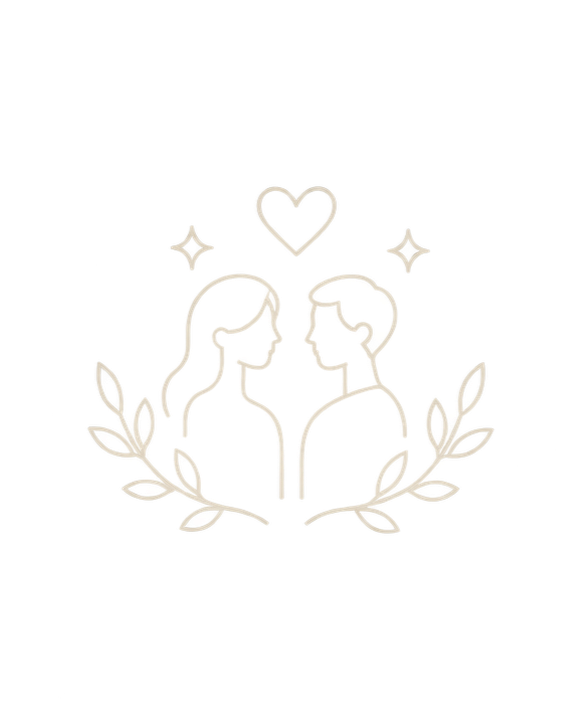 Line drawing of two women facing each other with a heart above their heads, surrounded by stars and laurel branches.