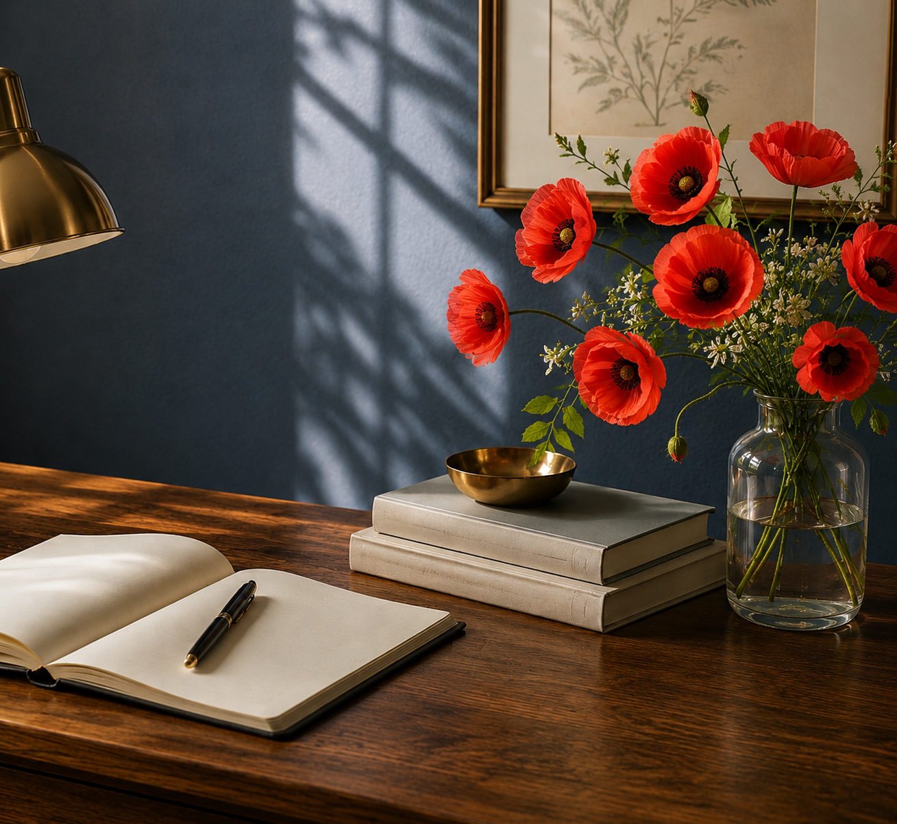 A wooden desk with an open notebook and a black pen, a stack of three books, a gold bowl, and a large glass vase filled with red poppies and white flowers. There is a framed botanical print on a dark blue wall, with sunlight casting shadows through window blinds.