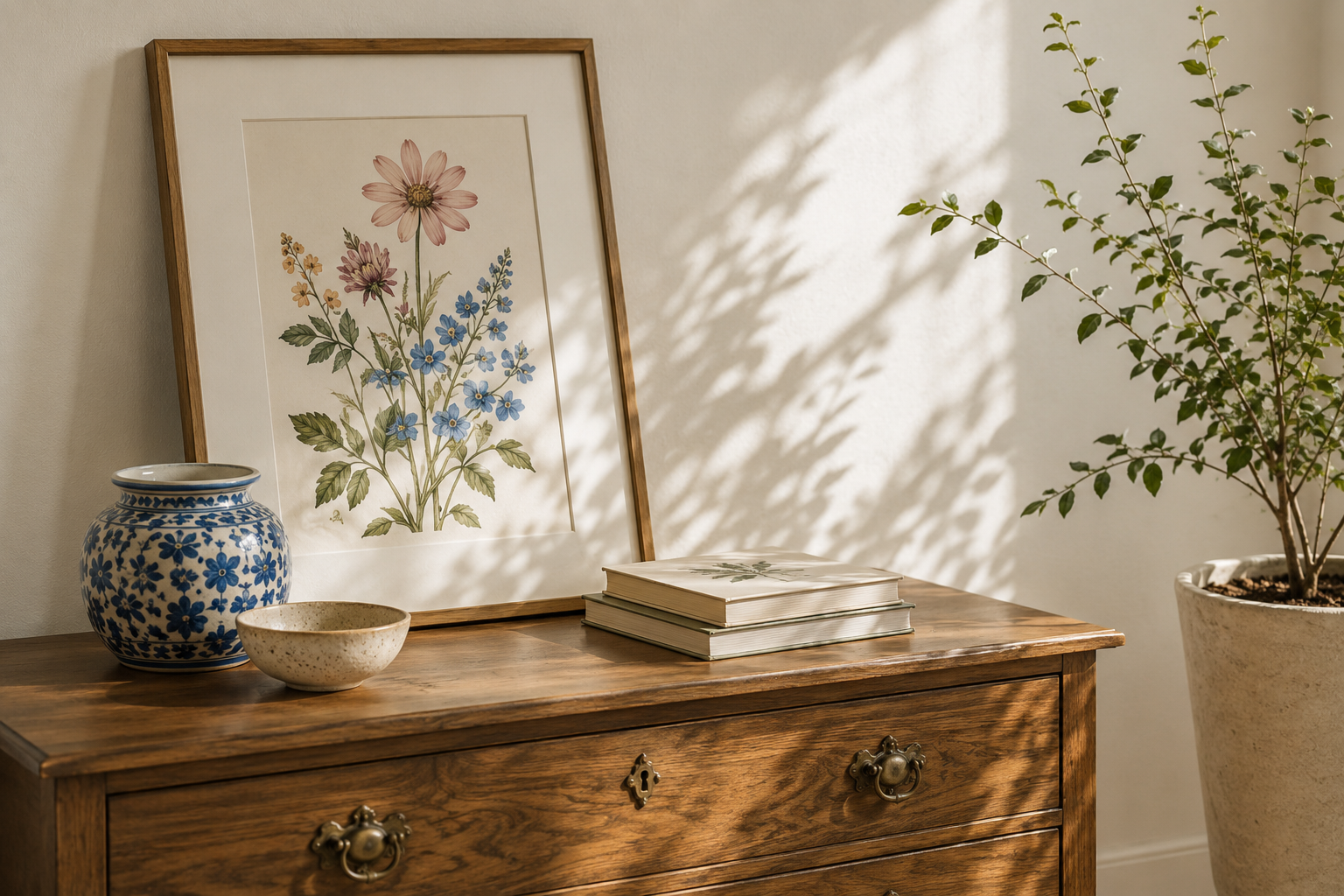 Decorative scene featuring a framed botanical print, a blue and white floral vase, a small speckled bowl, and three stacked books on a wooden dresser next to a potted plant with sunlight casting shadows.
