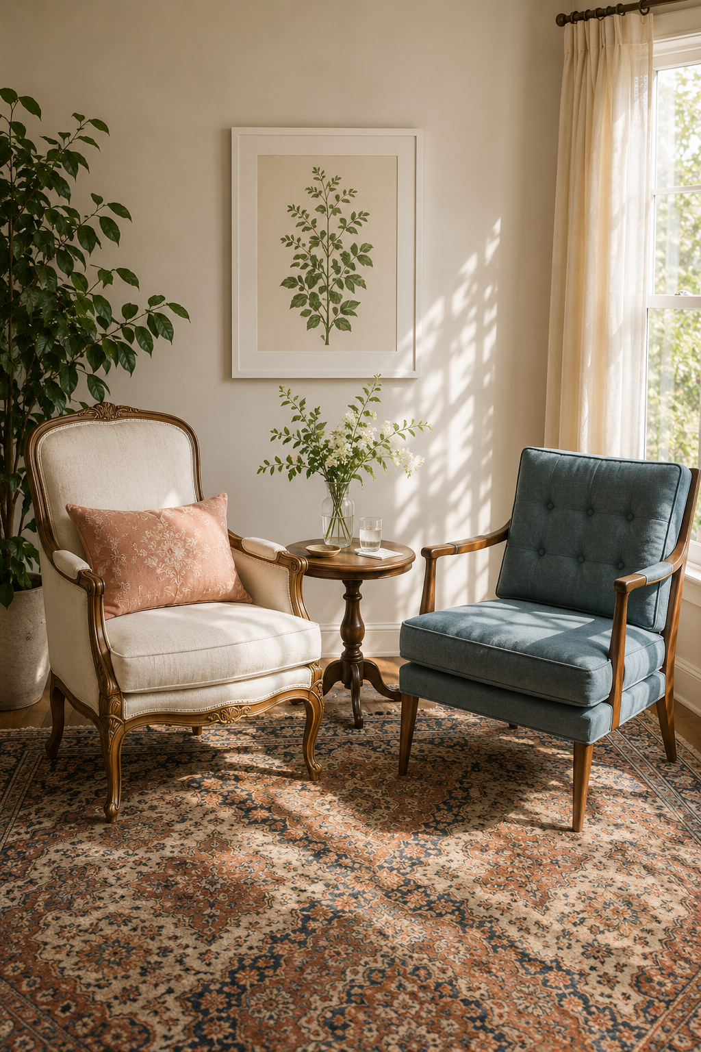 A cozy corner with vintage armchair and modern armchair near window, with a Persian rug, potted plant, framed botanical print, and a small wooden side table with flowers, glass of water, and bowl, illuminated by natural sunlight.