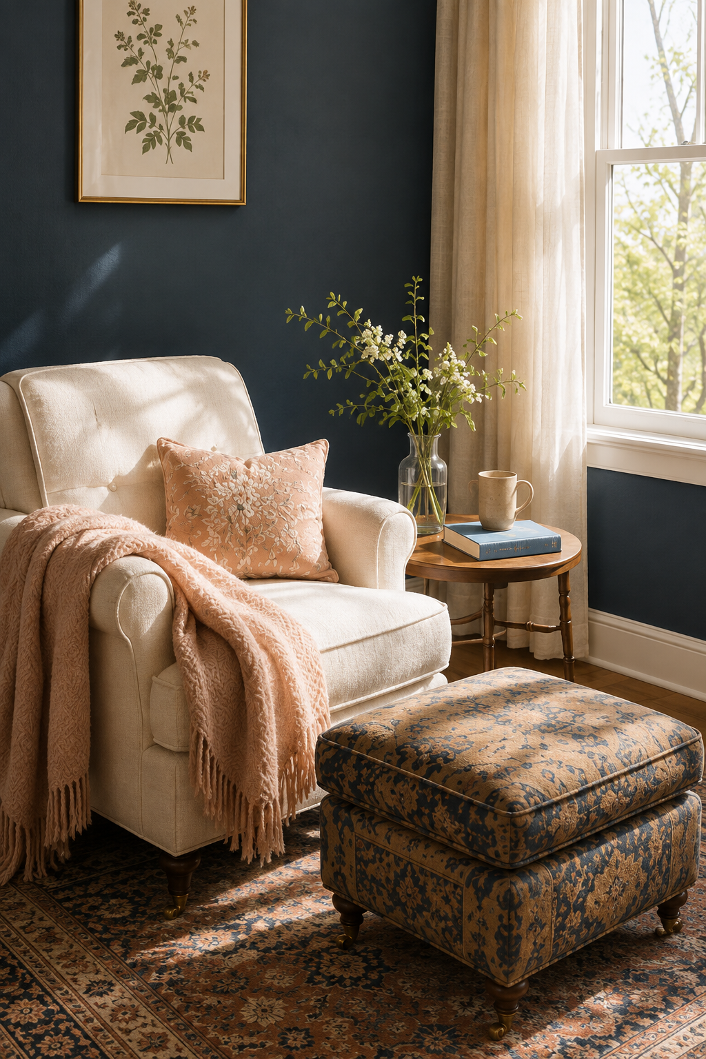 A cozy living room corner with a cream-colored armchair, pink throw blanket, pink decorative pillow, patterned ottoman, wooden side table with a vase of white flowers, a mug, and a closed book, next to a window with light curtains and a dark blue wall.