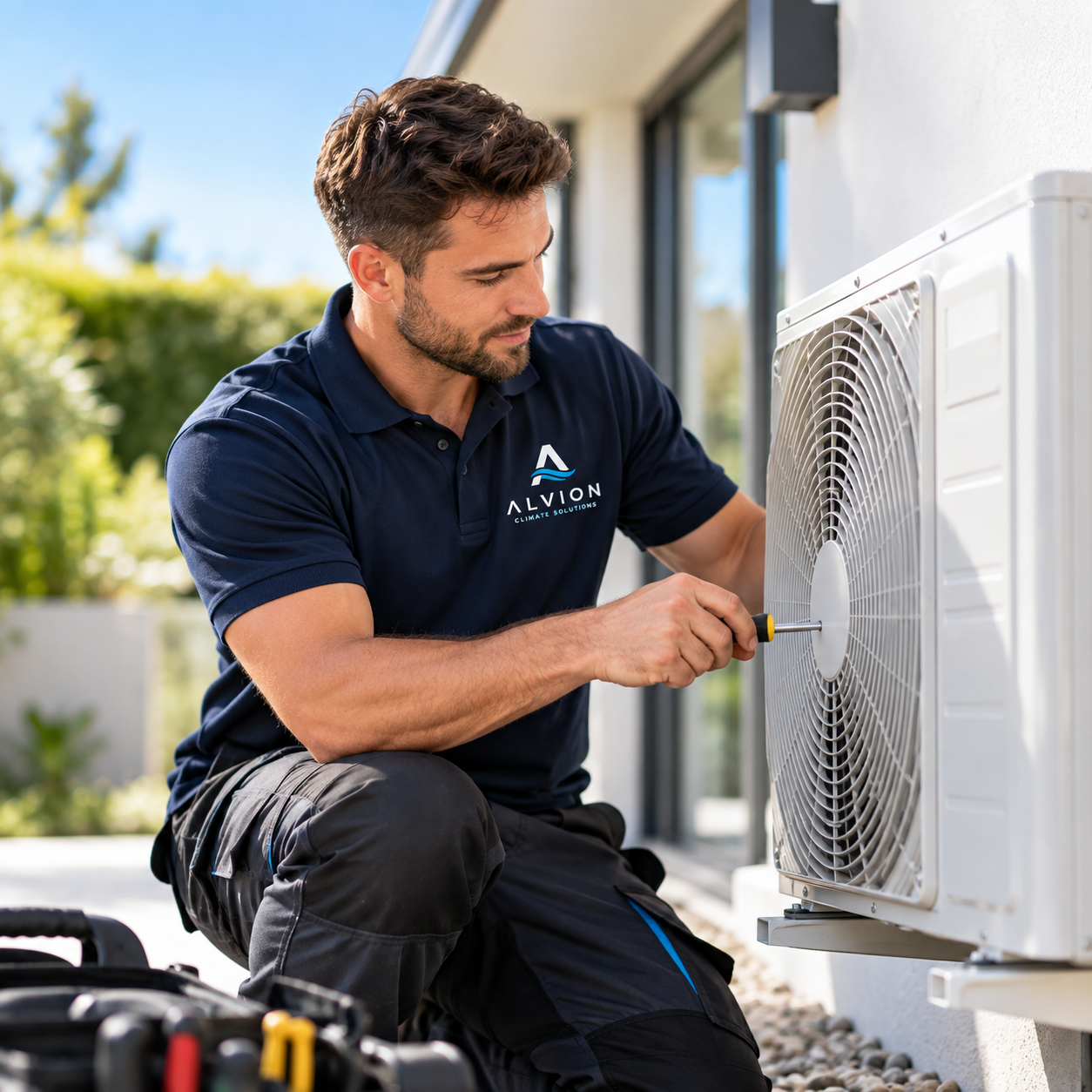 A technician working on an outdoor air conditioning unit, tightening a screw with a screwdriver, wearing a navy blue shirt with the 'Alvion Climate Solutions' logo.