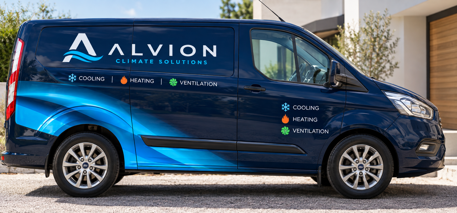 Blue delivery van with 'Alvion Climate Solutions' logo and icons indicating cooling, heating, and ventilation services parked on a street in front of a house.
