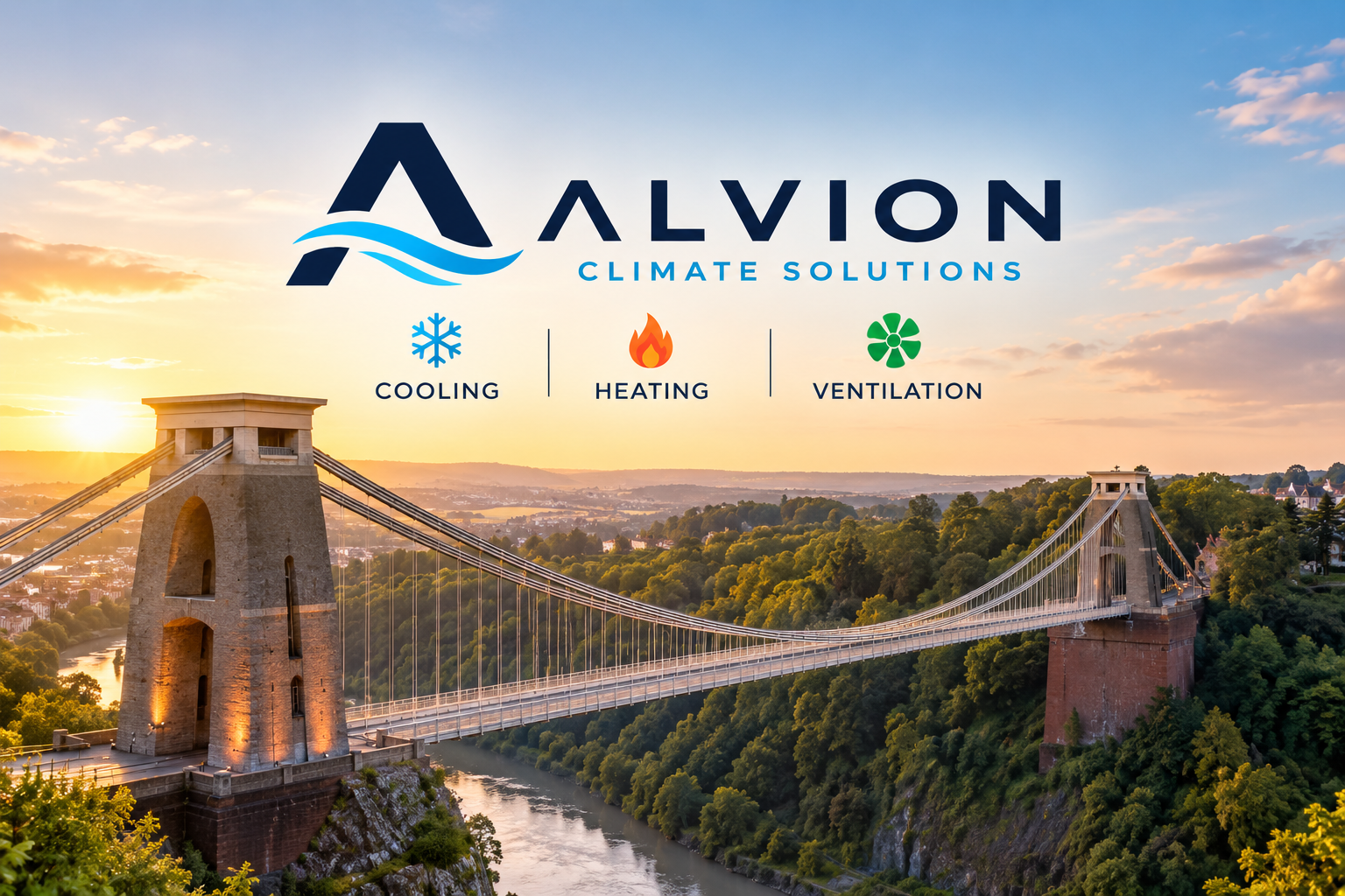 A bridge over a river with a sunset sky in the background, advertising Alvion Climate Solutions for cooling, heating, and ventilation.