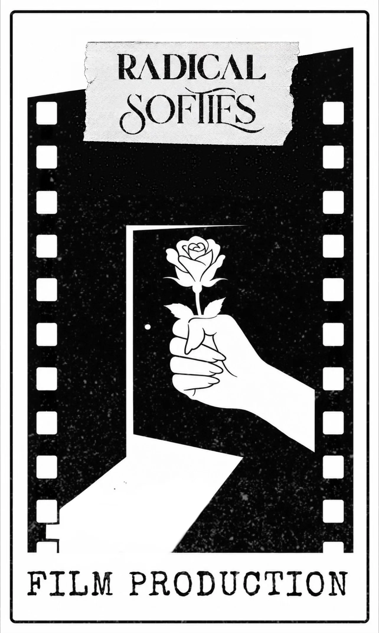 Black and white film production logo with a hand holding a flower, and the text "Radical Sofies" at the top and "Film Production" at the bottom.