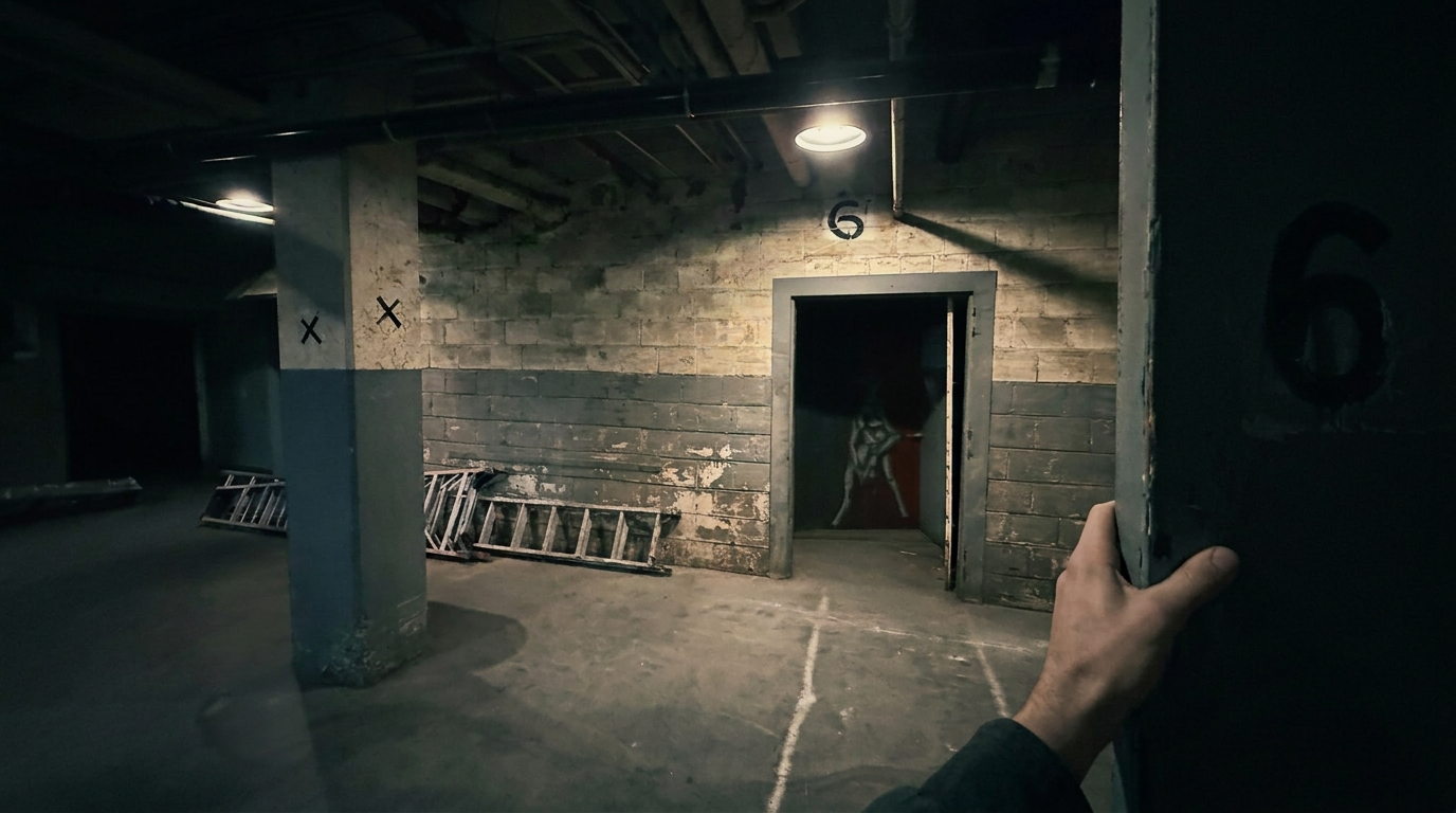 Indoor parking garage with concrete walls, a pillar, and a ladder leaning against the wall. A person with a dark jacket holds a door open, revealing a dimly lit room with a triangular shape on the wall.