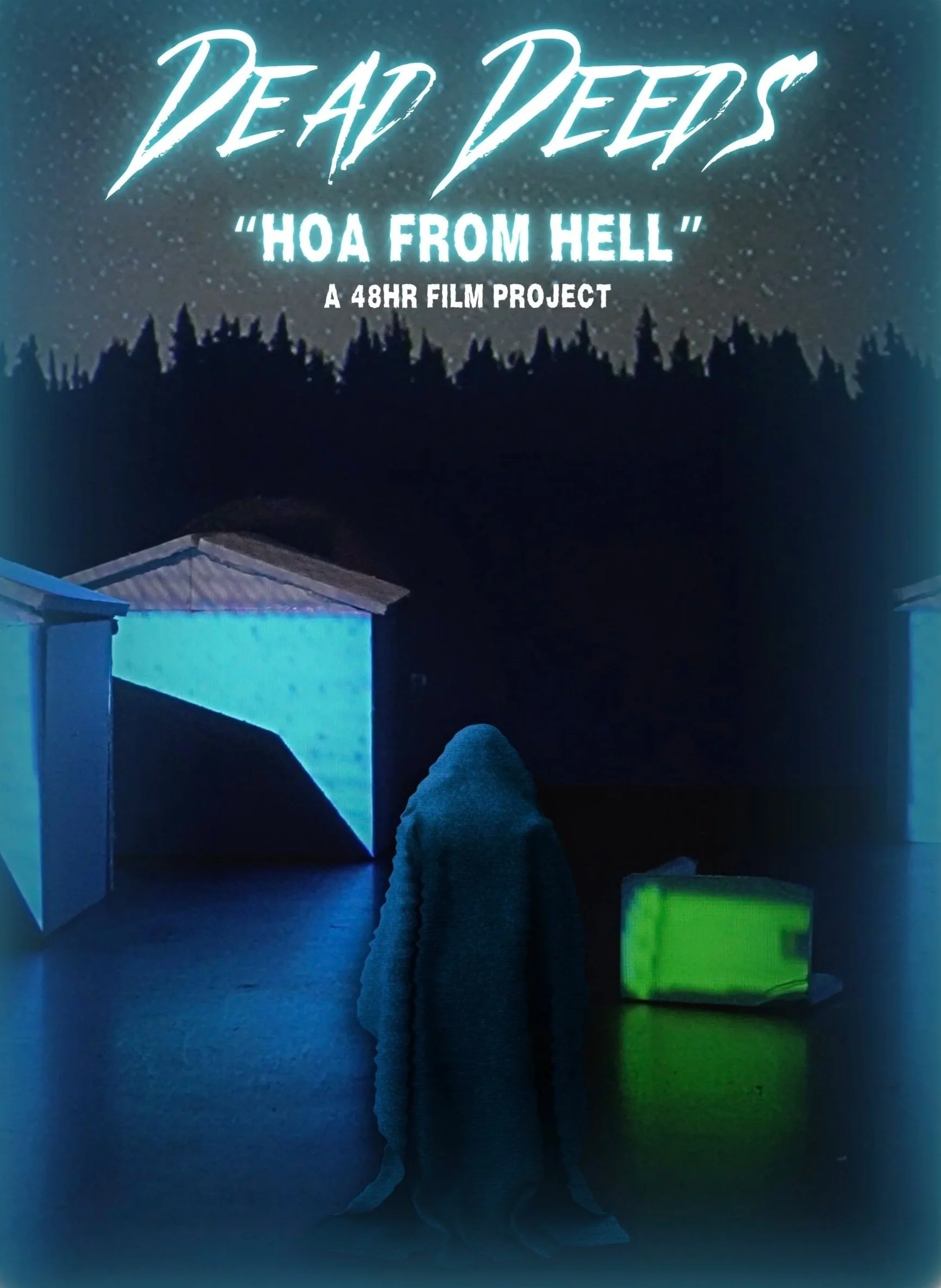 Night sky filled with stars, with the title 'DEAD DEER' and subtitle 'HOA FROM HELL' above a silhouette of trees. In the foreground, a person is sitting on the ground near a glowing green box, with an illuminated structure nearby.
