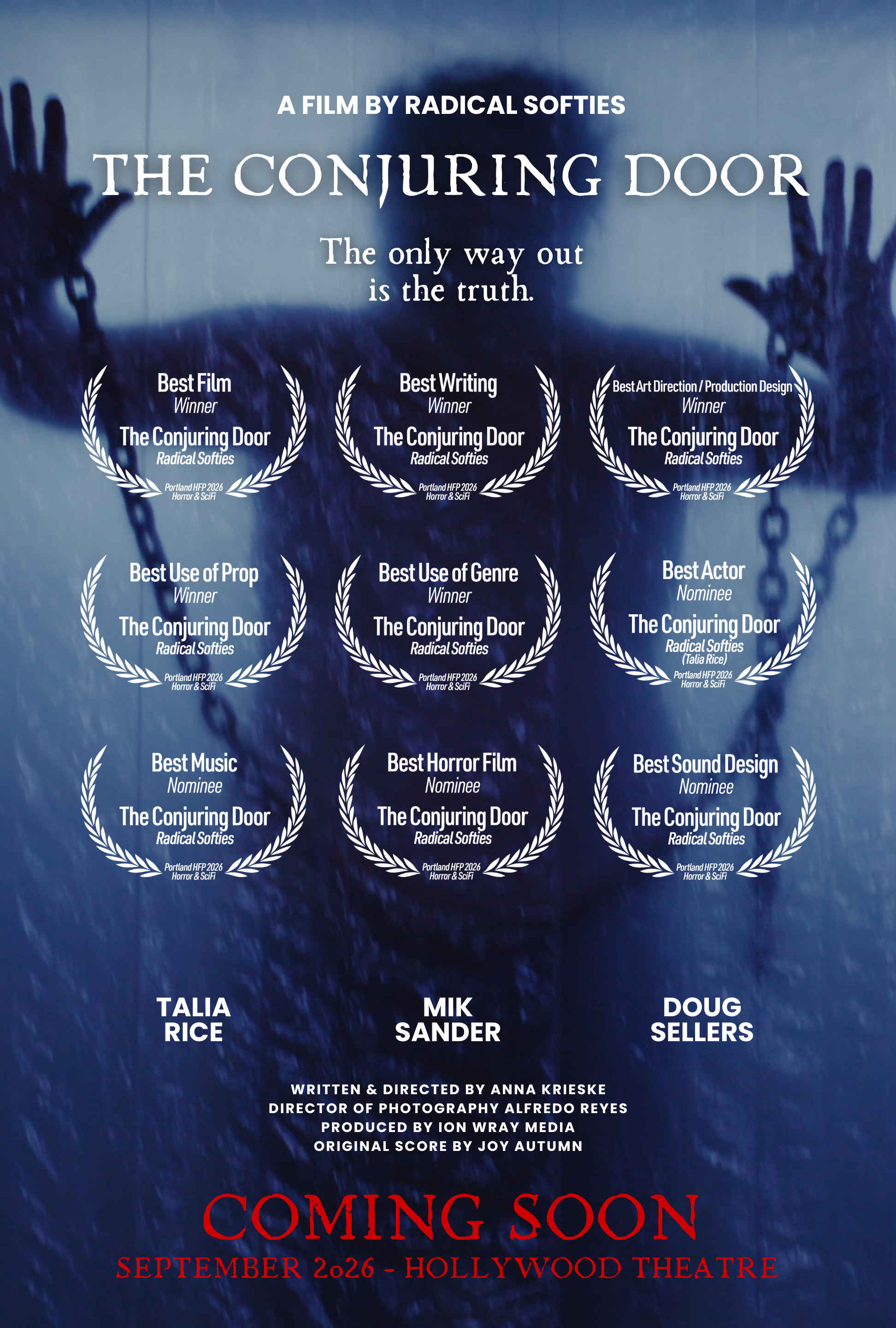 Dark blue poster for a film titled 'The Conjuring Door' with various awards and nominations, cast and crew credits, and a 'Coming Soon' announcement for a September 2026 release at Hollywood Theatre, featuring a haunted door with chains and shadowy figures.