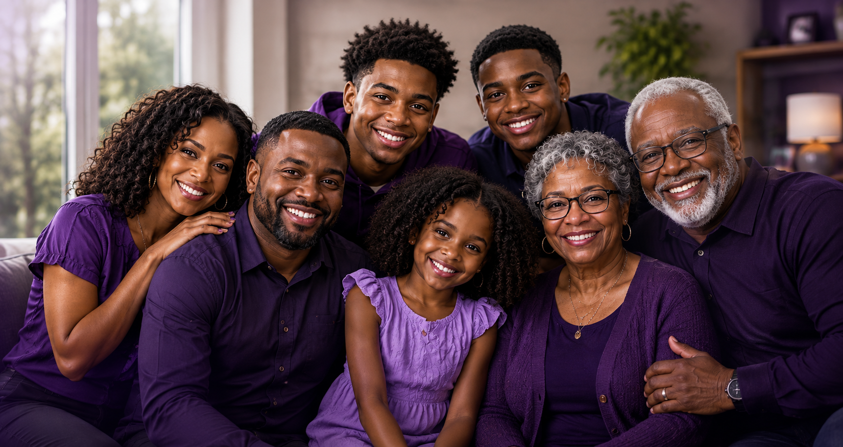 A multigenerational African American family with three generations gathered closely together, smiling indoors, wearing purple clothing.