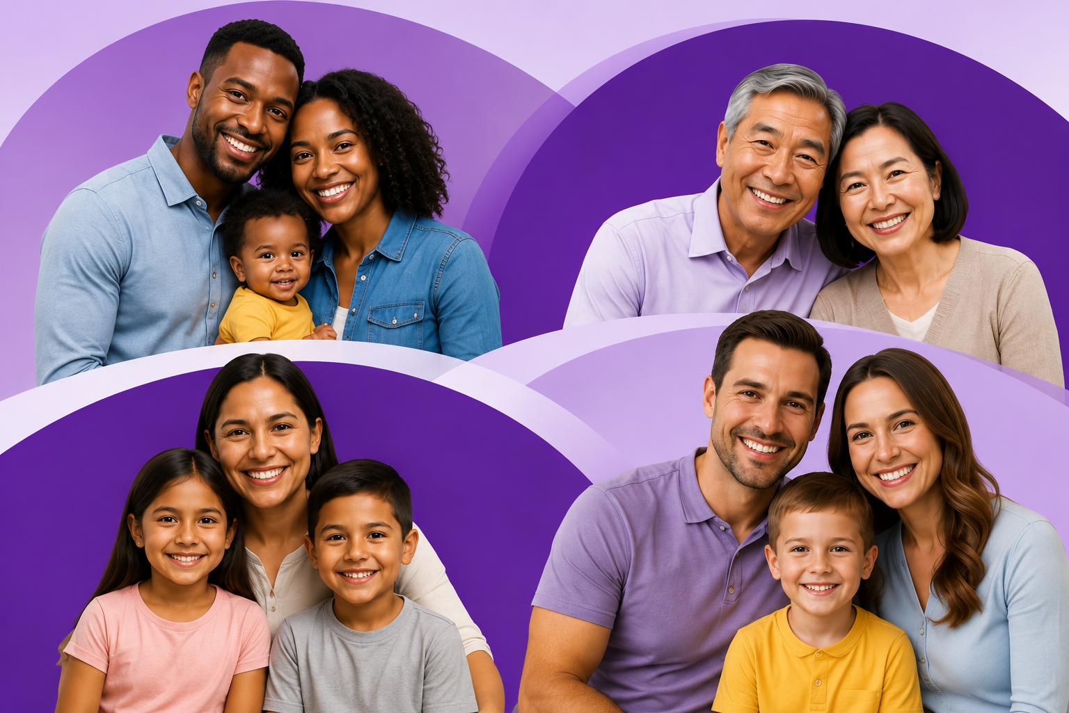 A collage of four family groups, each smiling and posing together, with colorful purple background