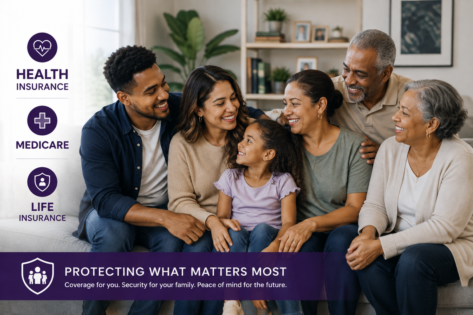 A multigenerational family sitting together on a couch, smiling and embracing in a cozy living room.