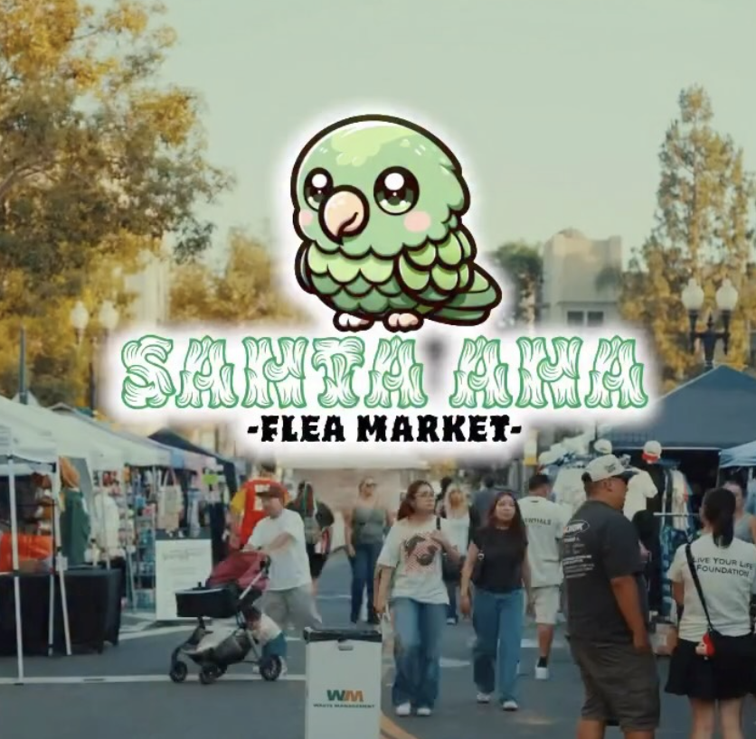 Santa Ana Flea Market graphic over an outdoor market with shoppers and vendor tents.