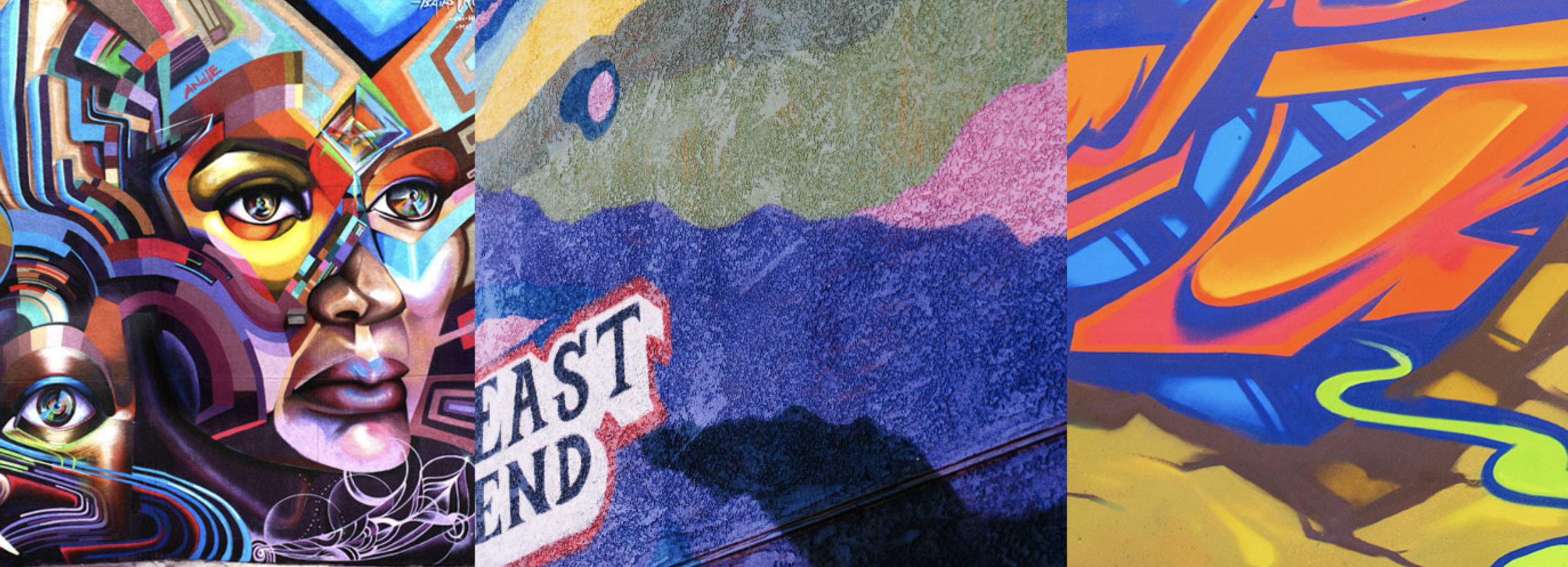 Colorful EASTEND murals with stylized faces, East End lettering, and abstract patterns.