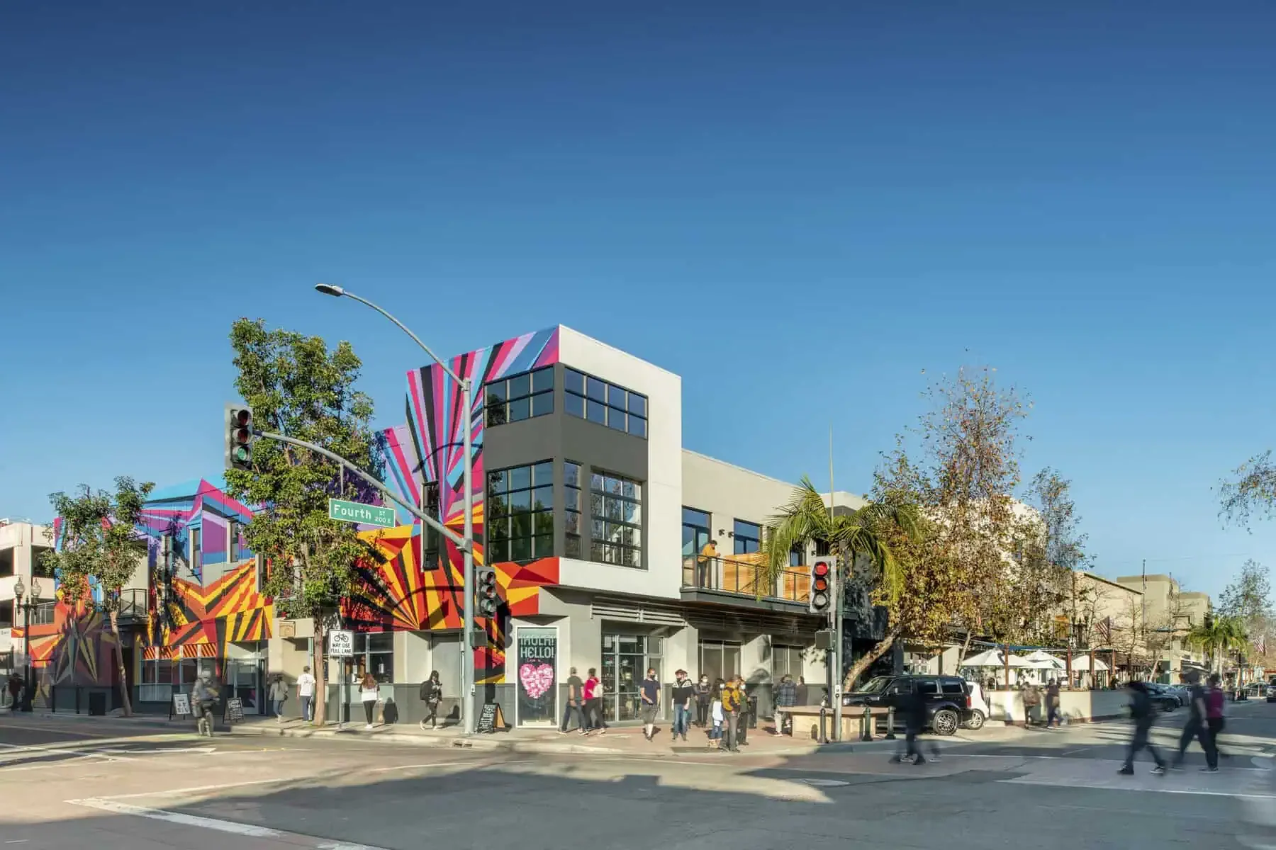4th Street Market building with a colorful exterior mural in Downtown Santa Ana.