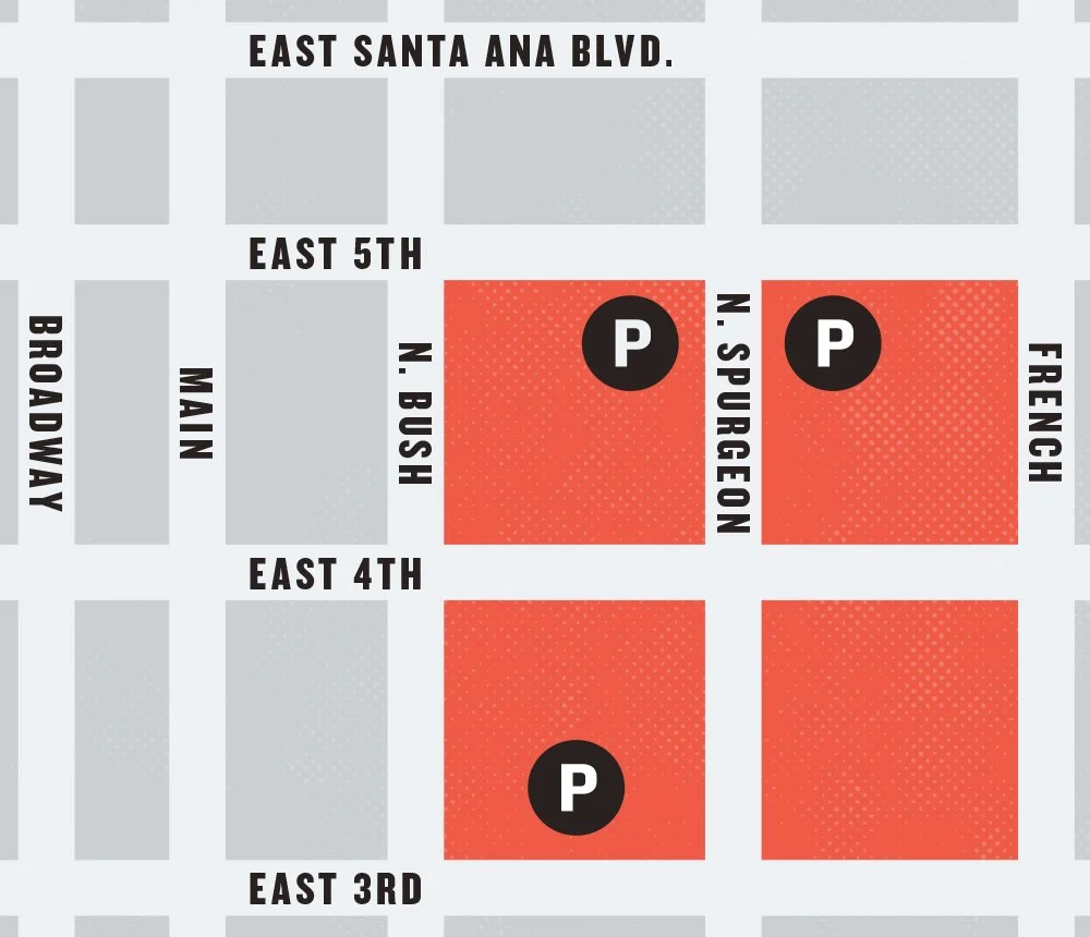 Map of EASTEND blocks and nearby parking between 3rd and 5th streets, French and Bush streets in Downtown Santa Ana.