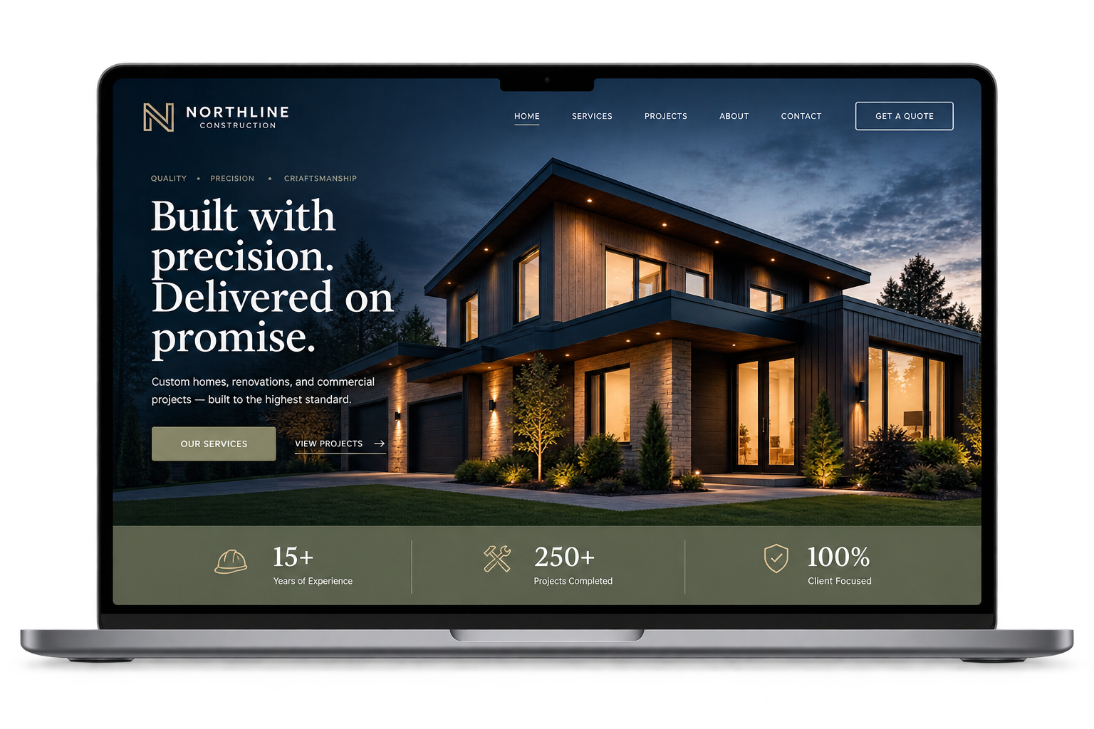 Website homepage of a construction company showcasing a modern house with large windows and exterior lighting at sunset, with navigation menu and company info.